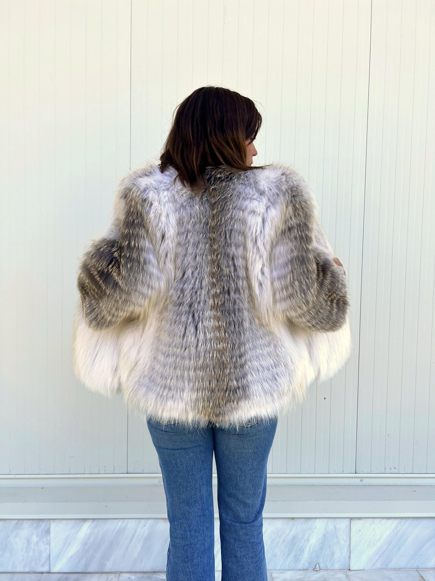 Handmade Fox Fur Jacket: White & Grey Lightweight Fluffy Coat
