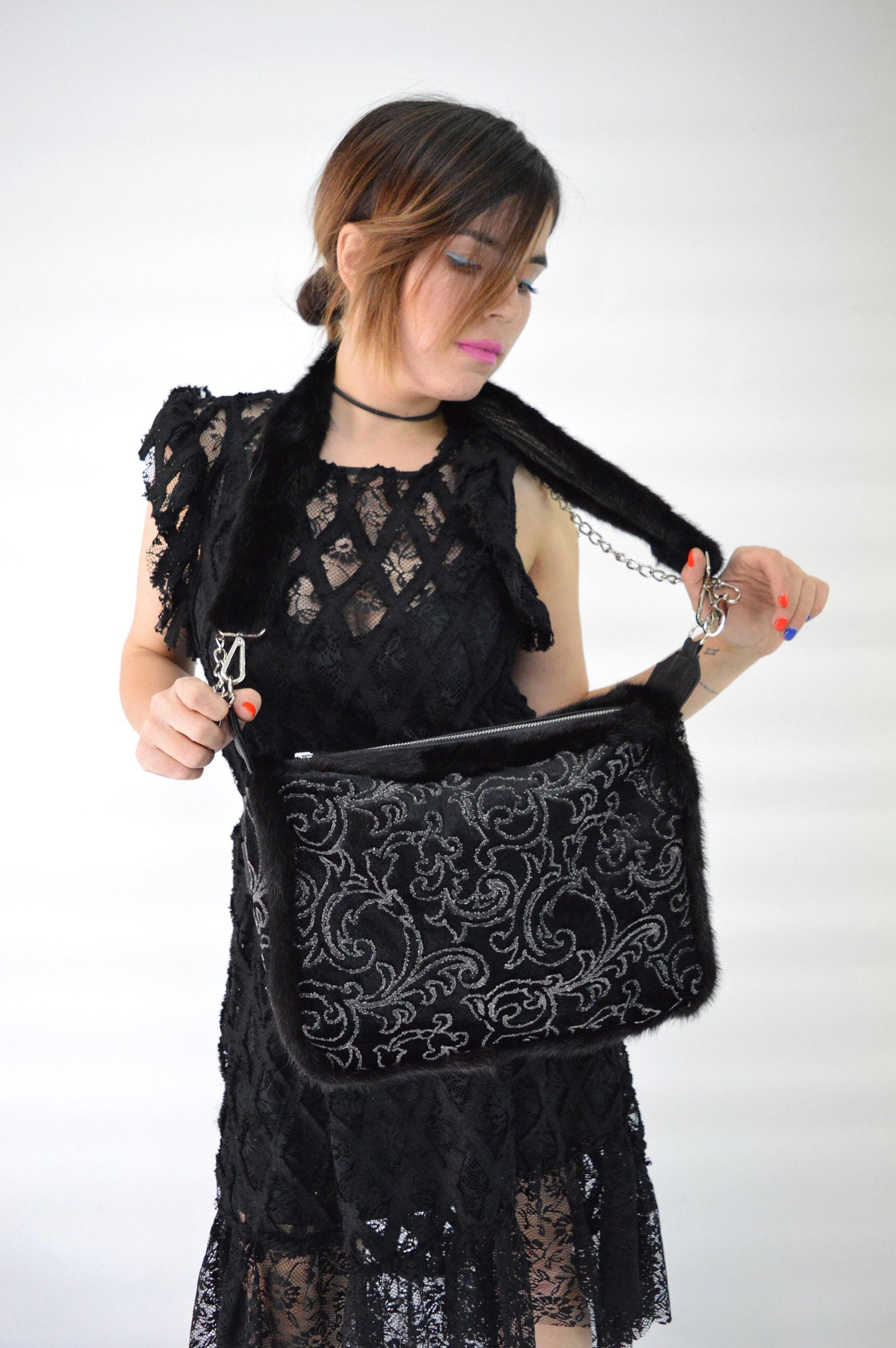 Embroidered Rabbit Fur Shoulder Bag, Mink Trim, Leather Chain Strap