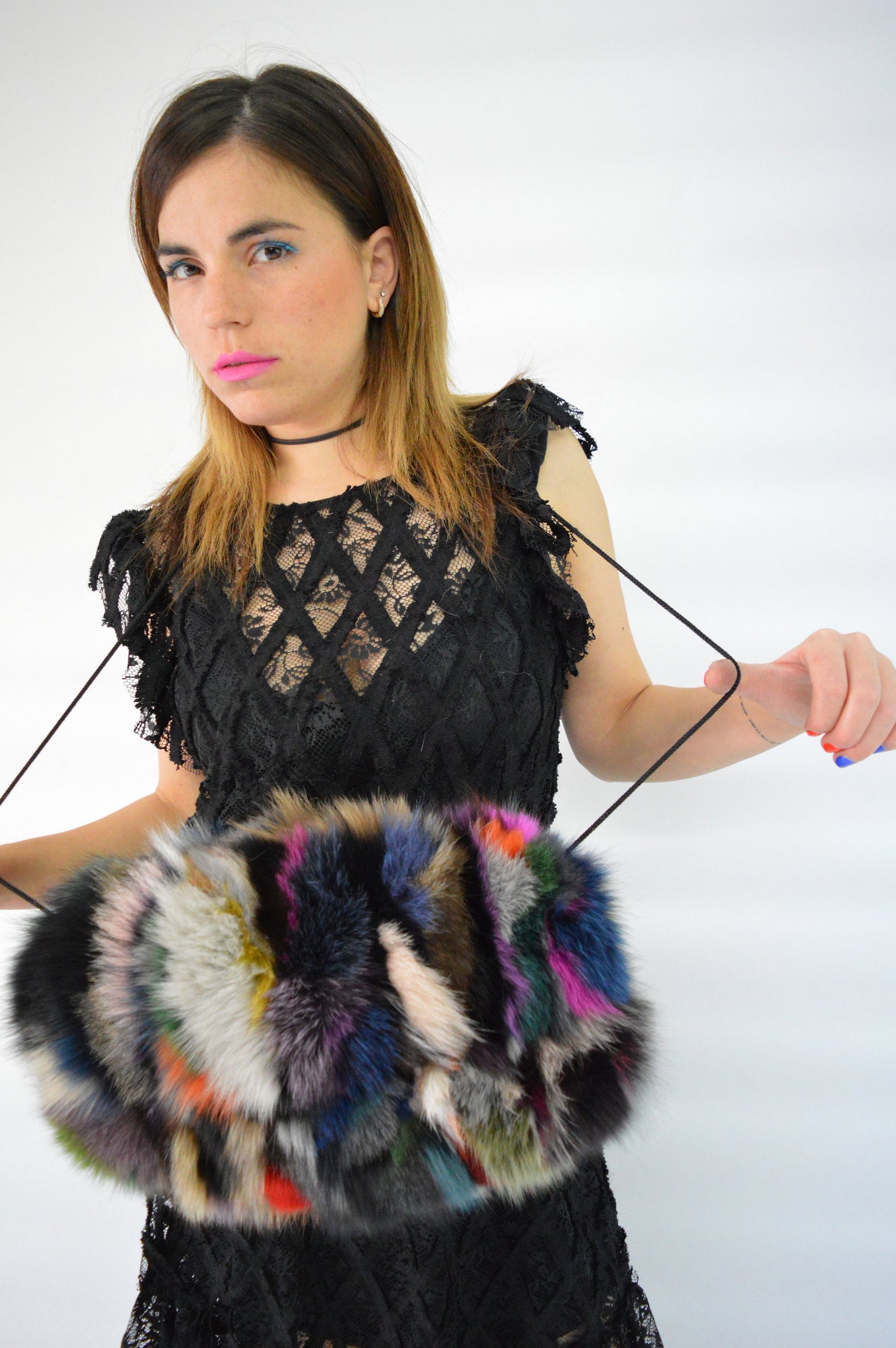 Multicoloured Fox Fur Hand Muff: Luxury Warmer with Pocket