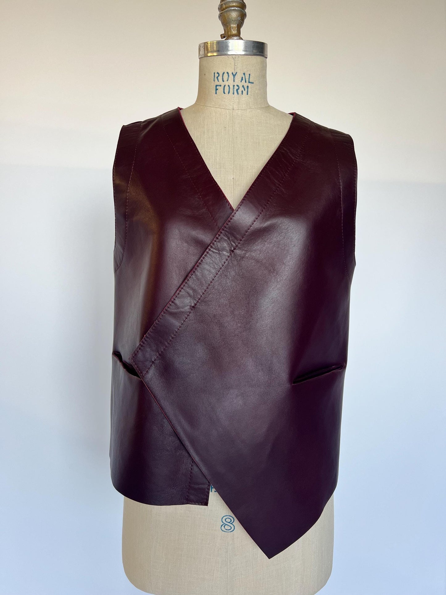 Burgundy thick Leather Vest unlined. Diagonal premium hide vest.