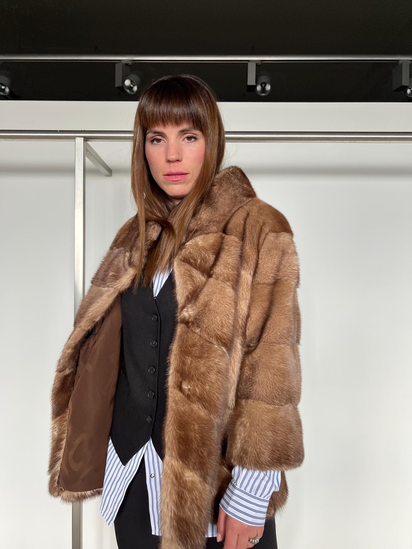 Mink Fur Collared Cappuccino Jacket - Handmade Luxury Fur Gift