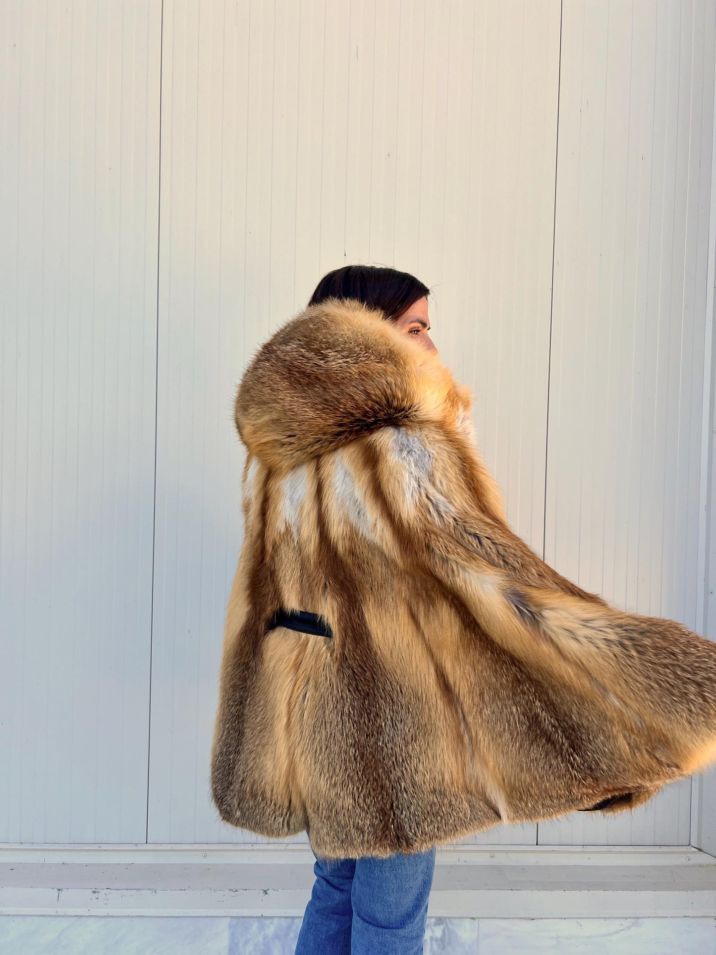 Red Fox Fur Cape with Hood: Handmade Leather Belt Closure