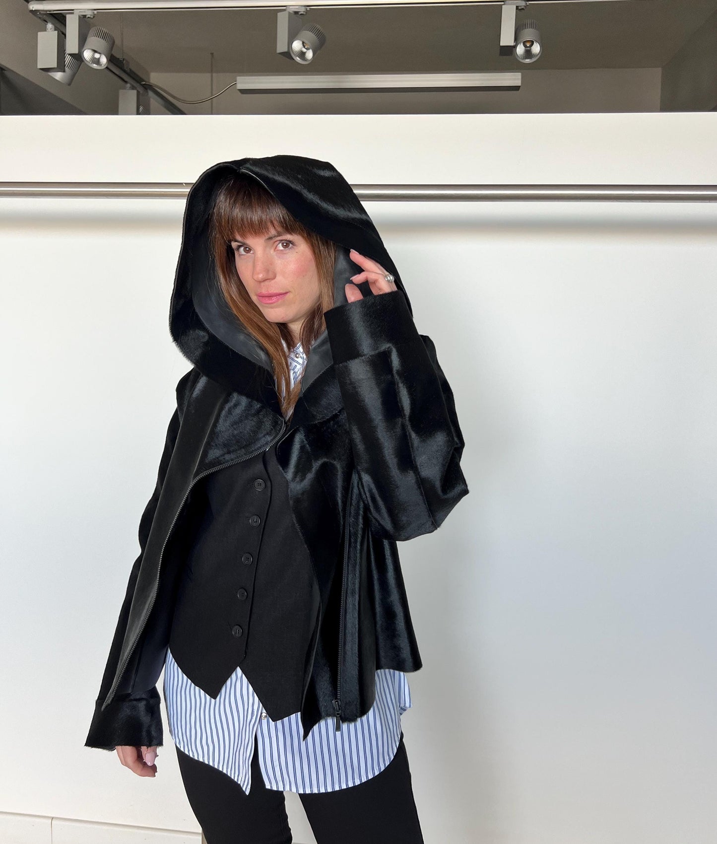 Genuine Hair-On Leather Coat: Black Cavallino Calf Jacket with Hood
