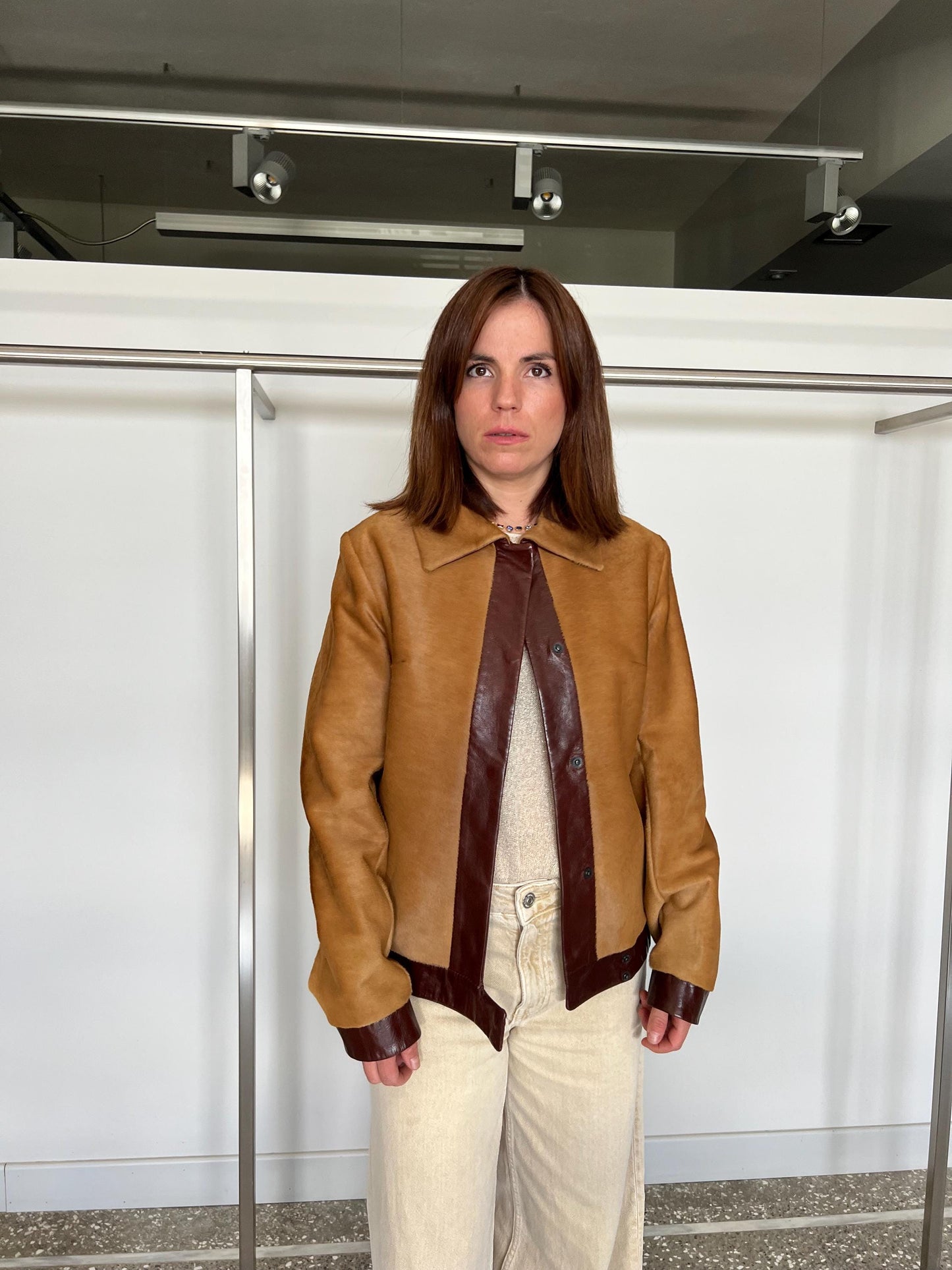 Camel and Burgundy Hair-On Calf Hide Leather Jacket - Handmade in Greece