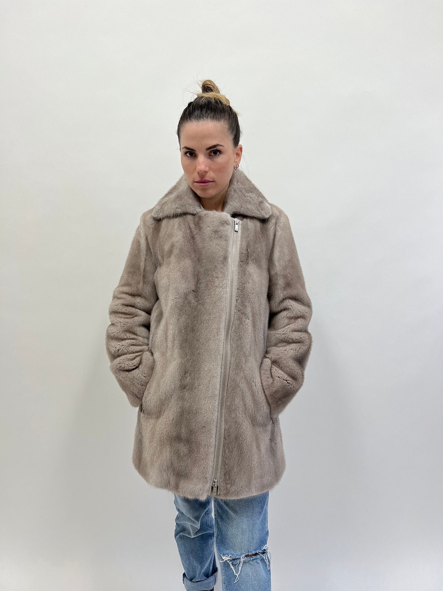 Silver Mink Fur Biker Jacket: Saga Mink, Handmade in Greece