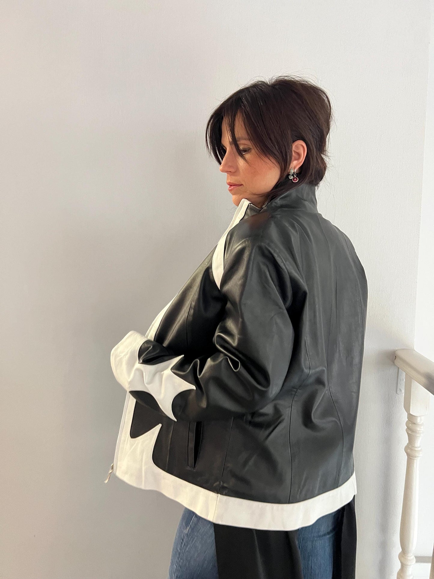 Handmade Black and White Lambskin buttery zipped up Leather Jacket - Medium