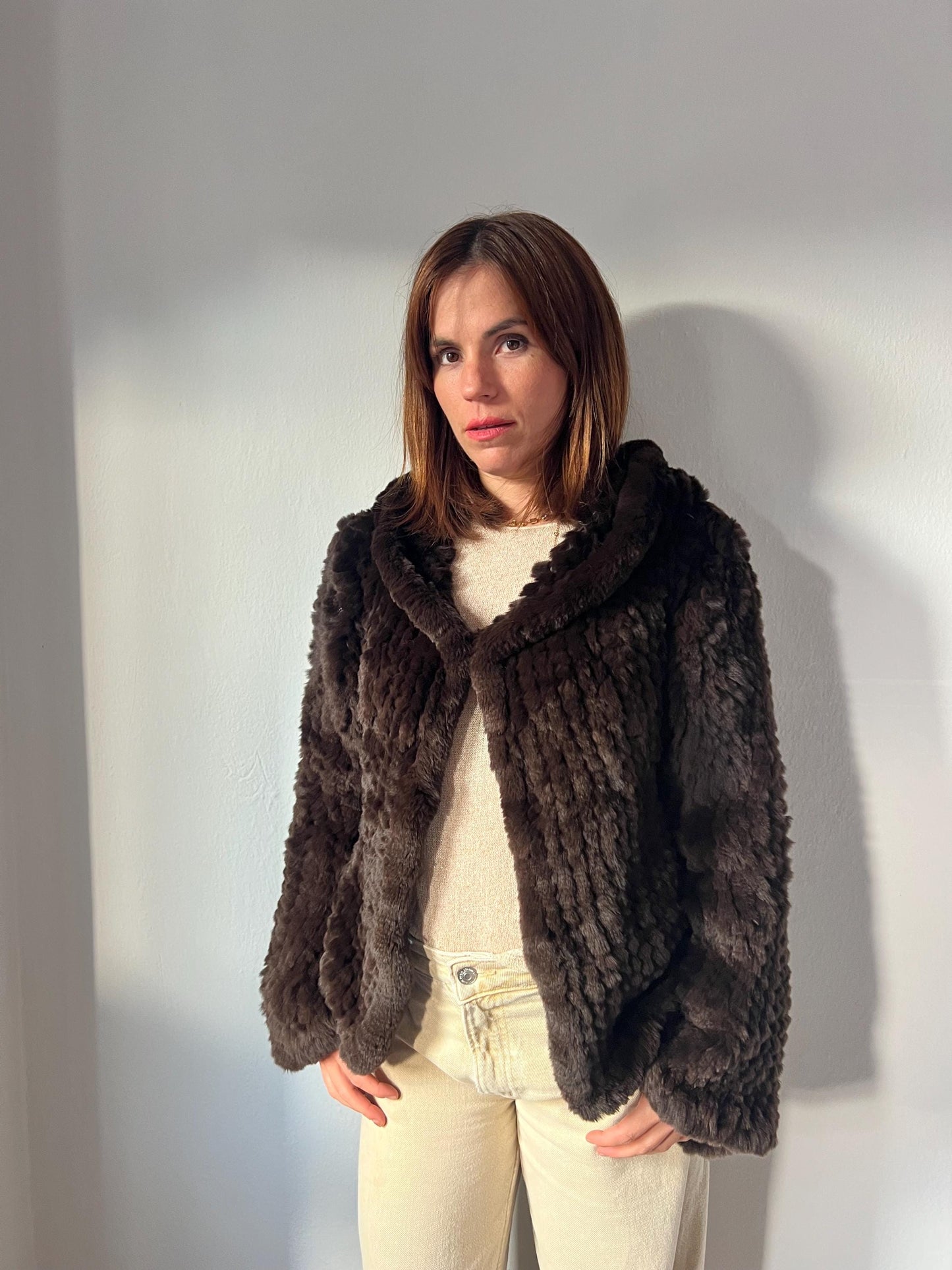 Handwoven Brown Rabbit Fur Hooded Jacket - Frog Closure