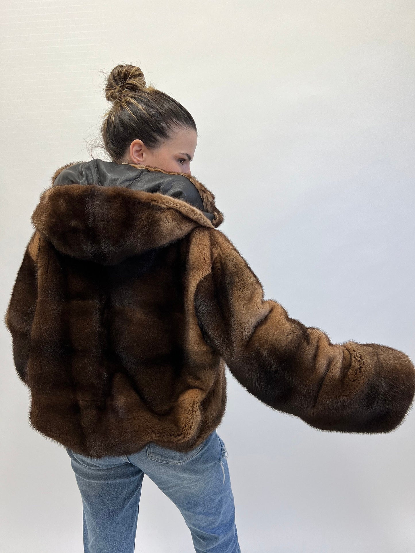 Saga Furs Mink Jacket: Tan Brown Degrade Fur, Hooded