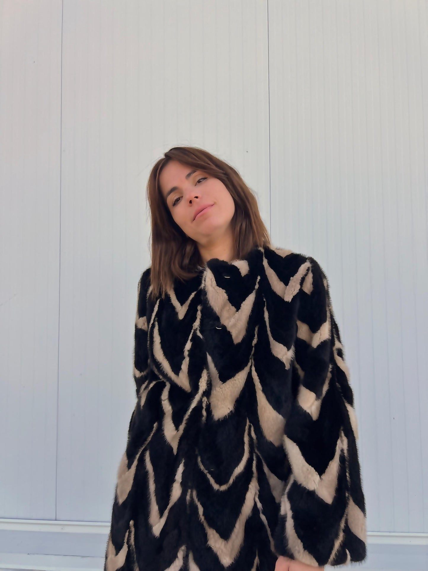 Intarsia Mink Fur Coat: Black and Beige Genuine Fur Jacket