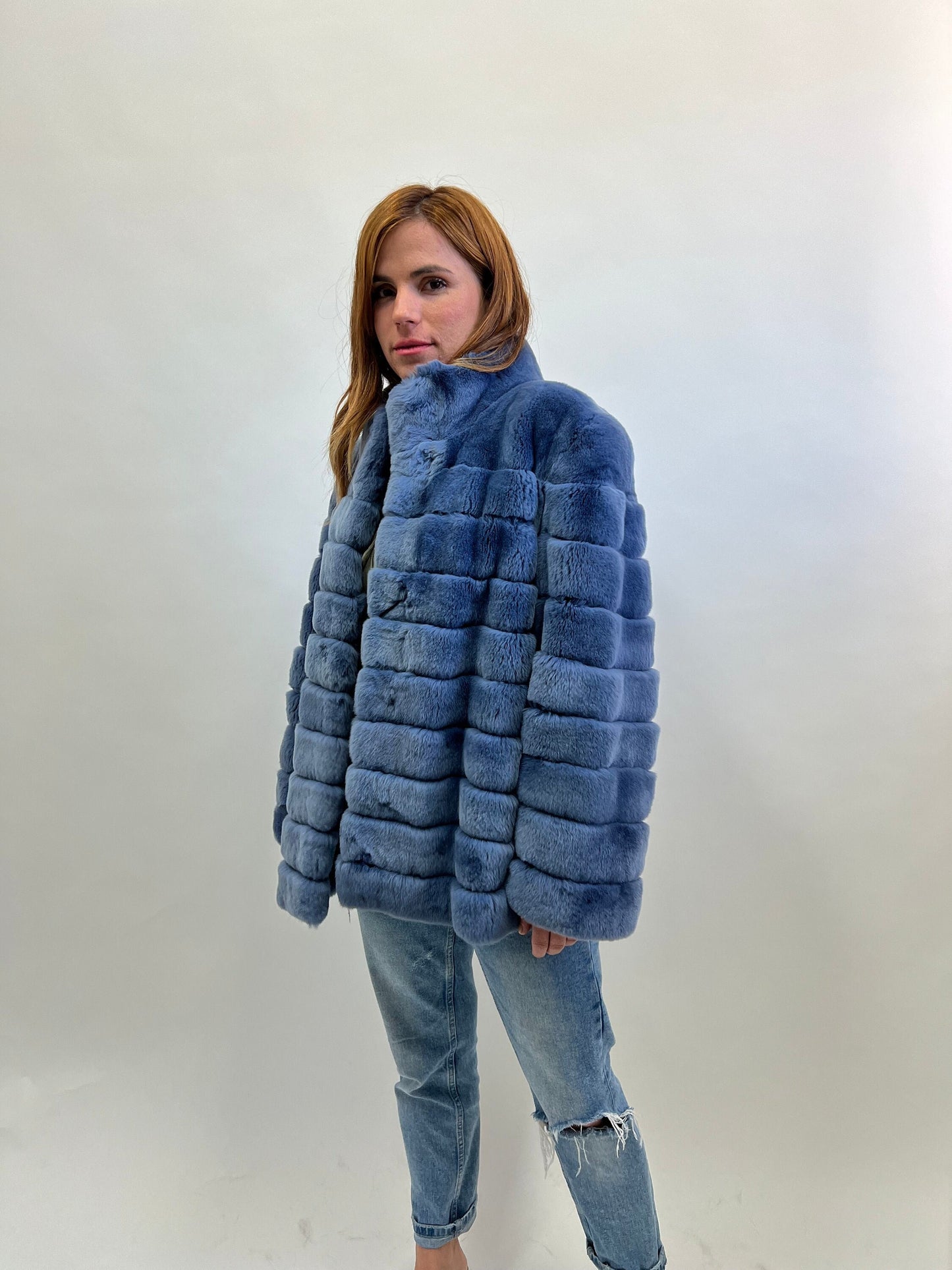 Plus Size Rex Rabbit Fur Jacket with Leather Trim