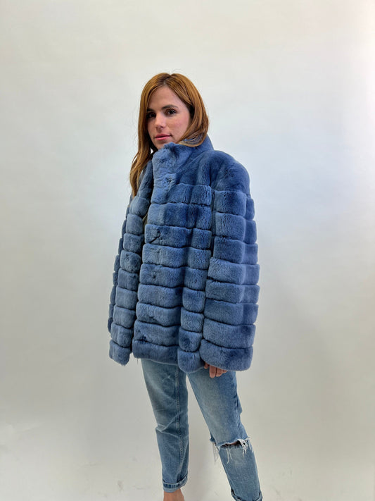 Plus Size Rex Rabbit Fur Jacket with Leather Trim