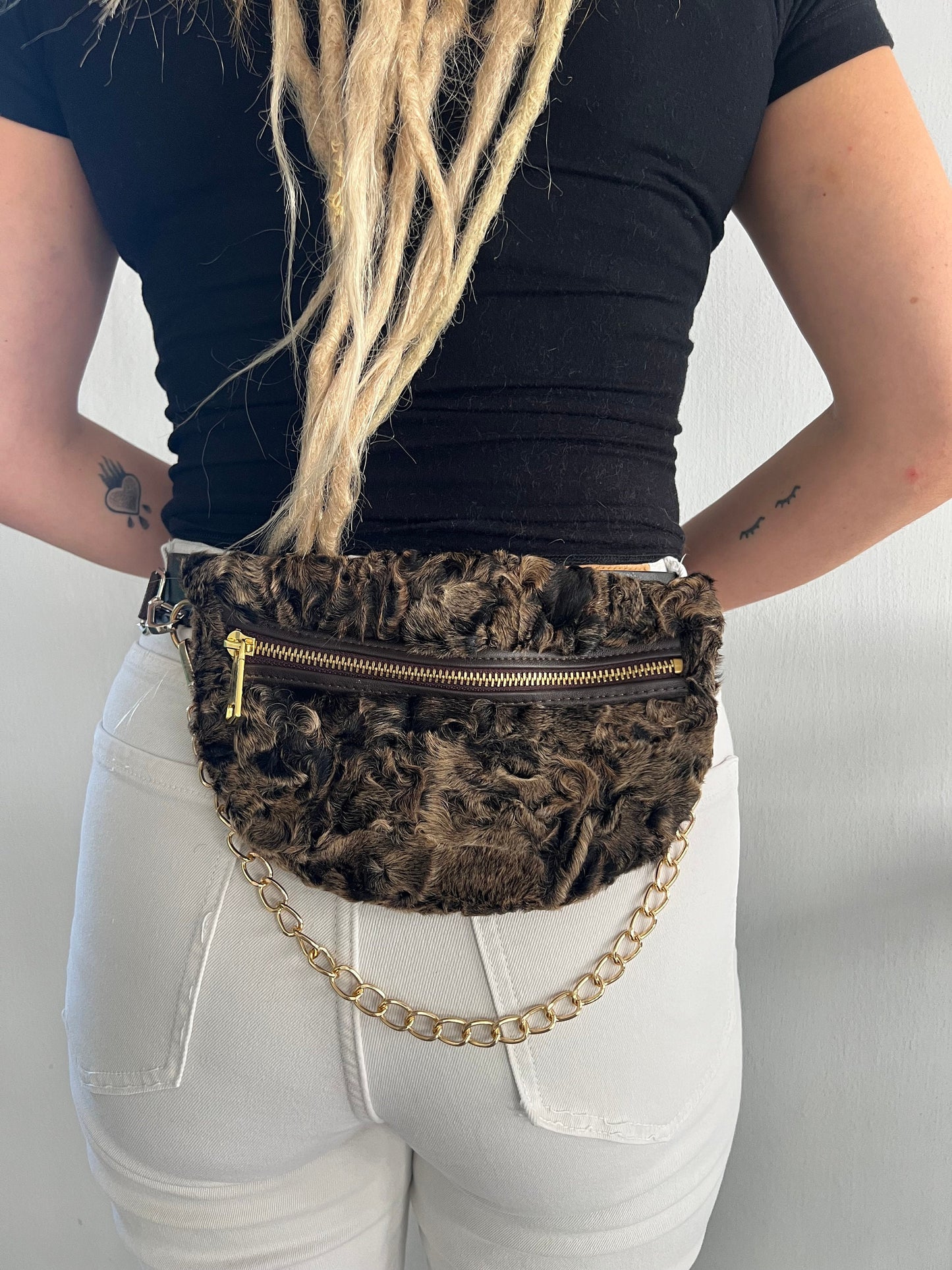 Real Mink Fur Bumbag: Brown Fanny Pack with Chain