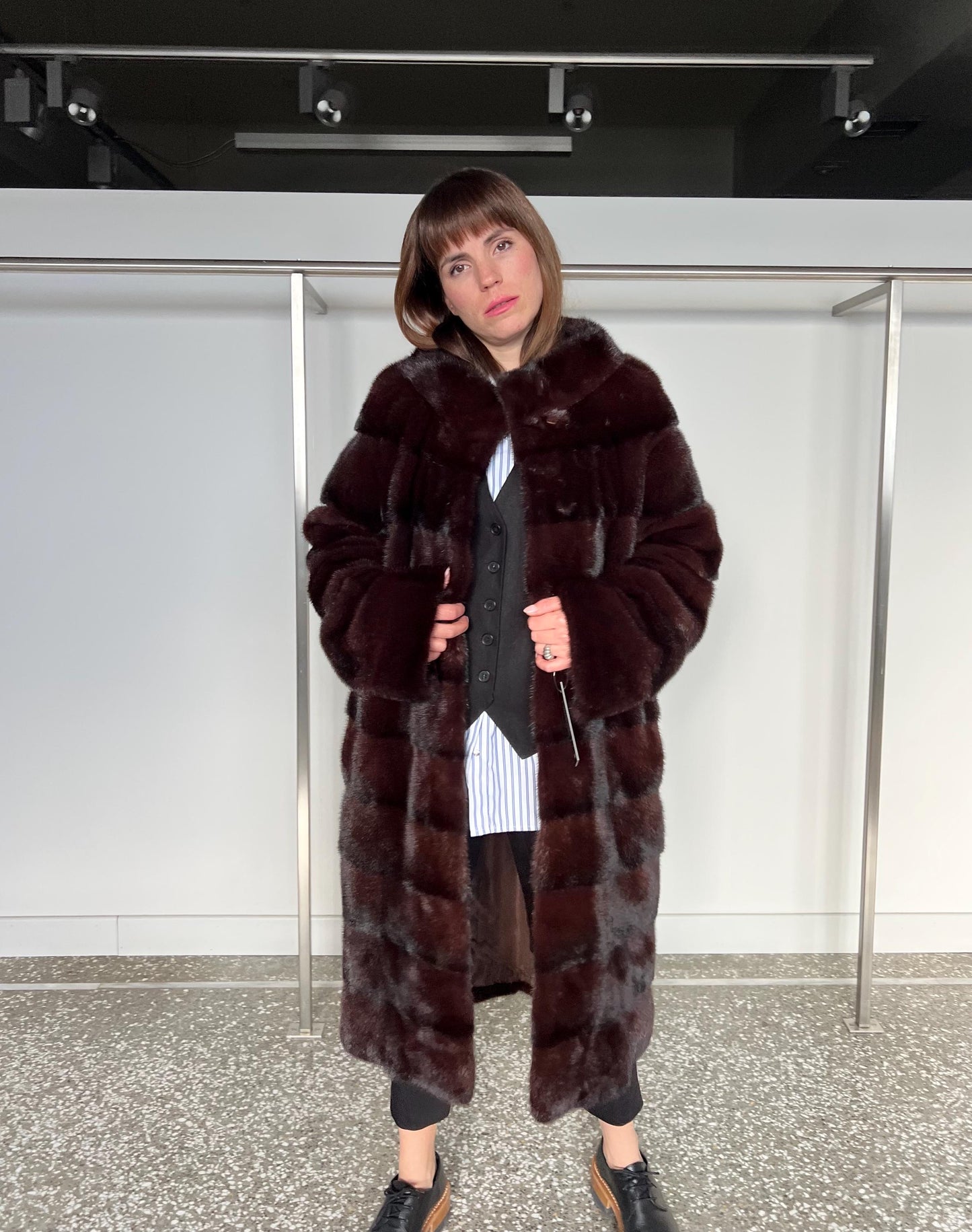 Burgundy Mink Fur Coat - Saga Quality, Edgy Stand Up Collar