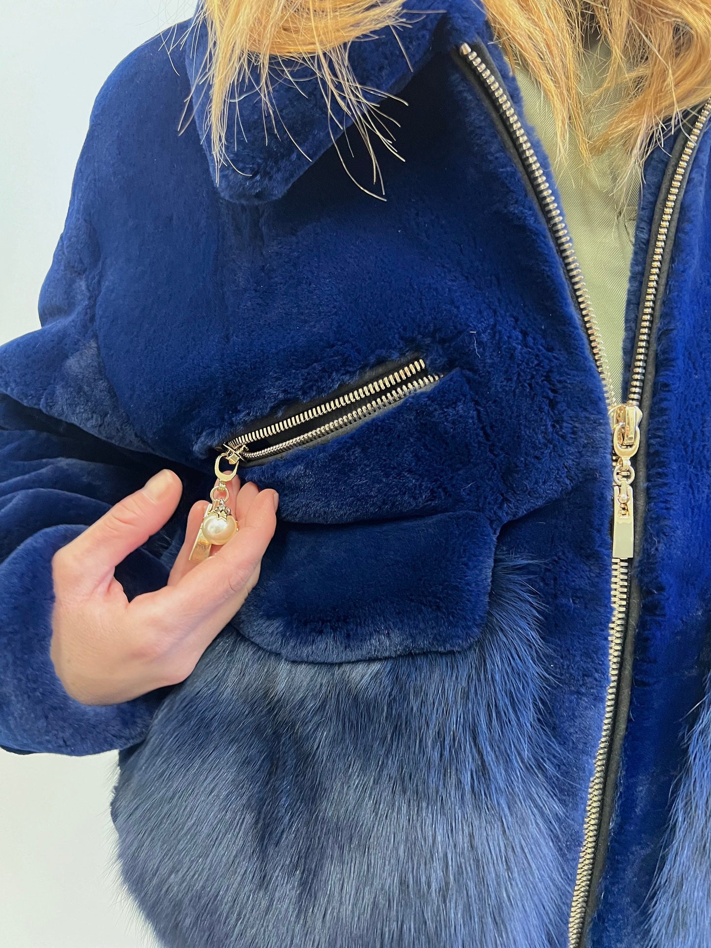Sheared Rabbit Fur Bomber Jacket with Fox Details