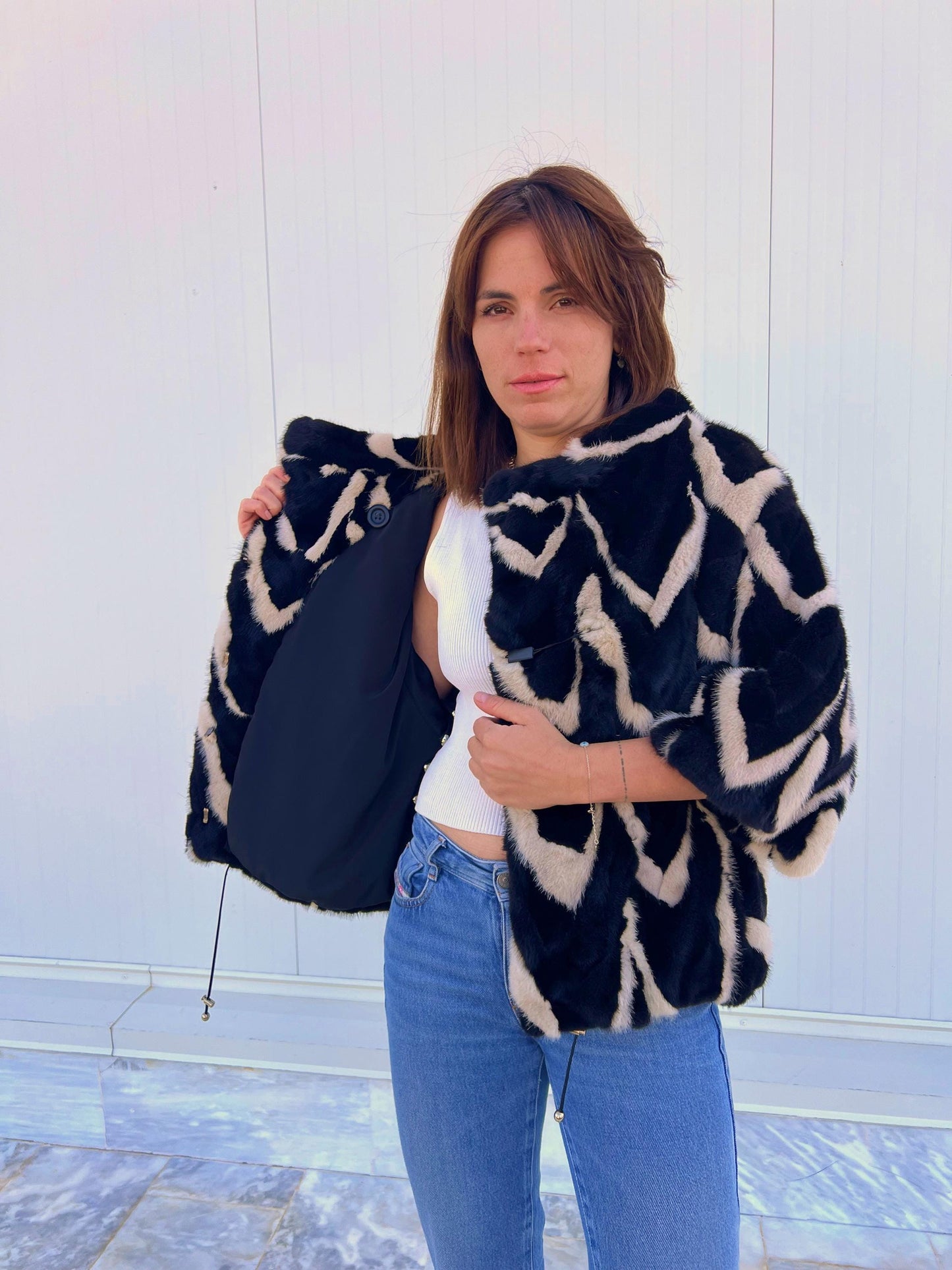 Intarsia Mink Fur Jacket: Beige & Black Genuine Fur Blazer
