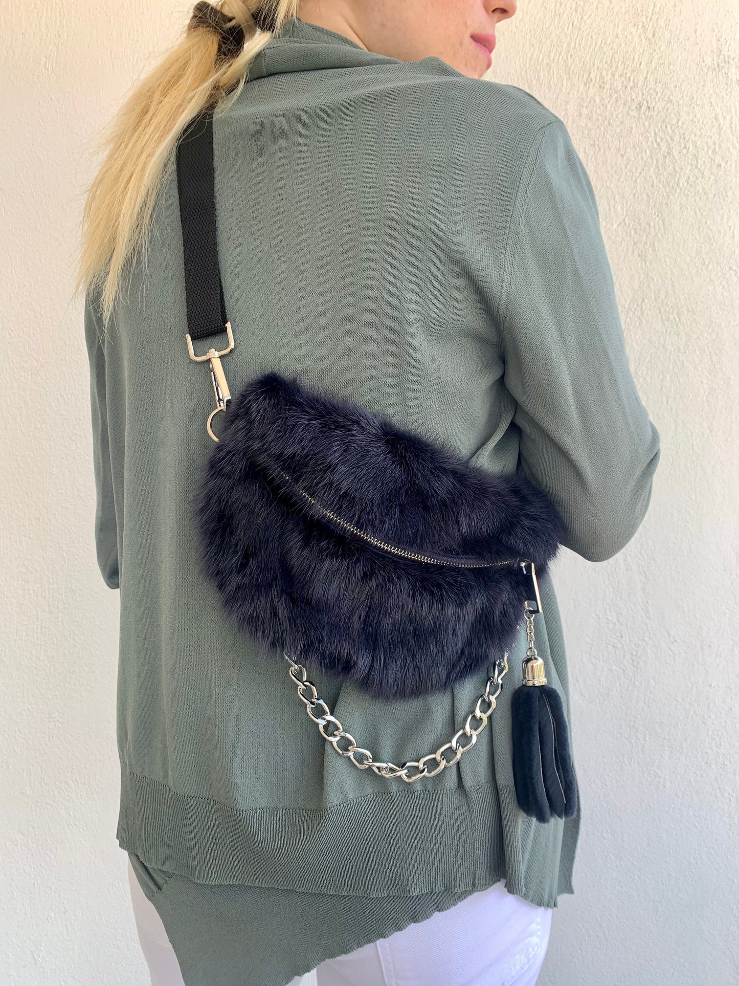 Navy Mink Fur Bumbag with Chain Tassel: Luxury Fanny Pack