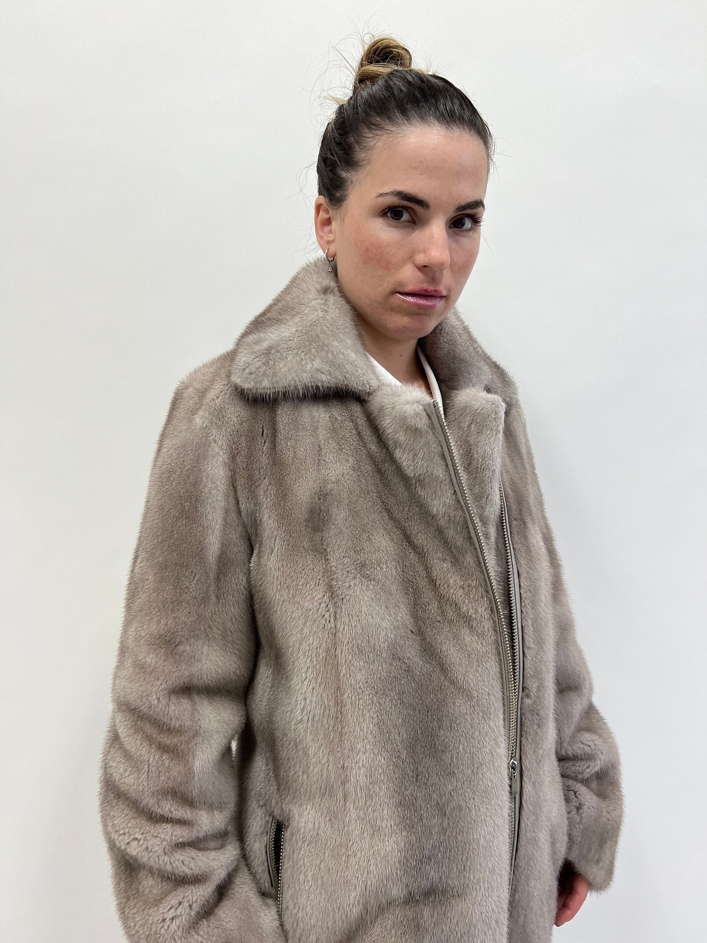 Silver Mink Fur Biker Jacket: Saga Mink, Handmade in Greece