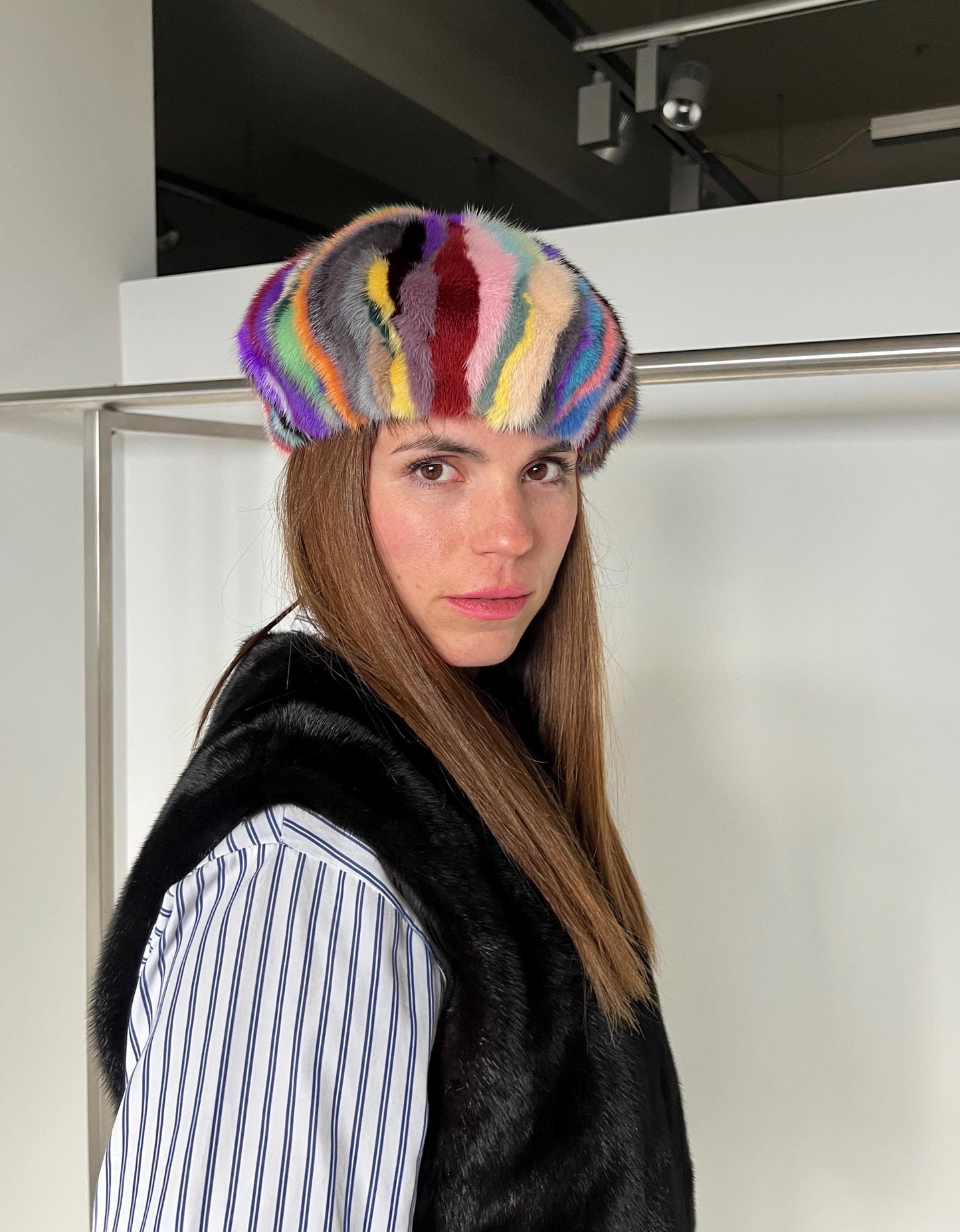 Handmade Multicolored Mink Fur Beret: Stylish Winter Hat