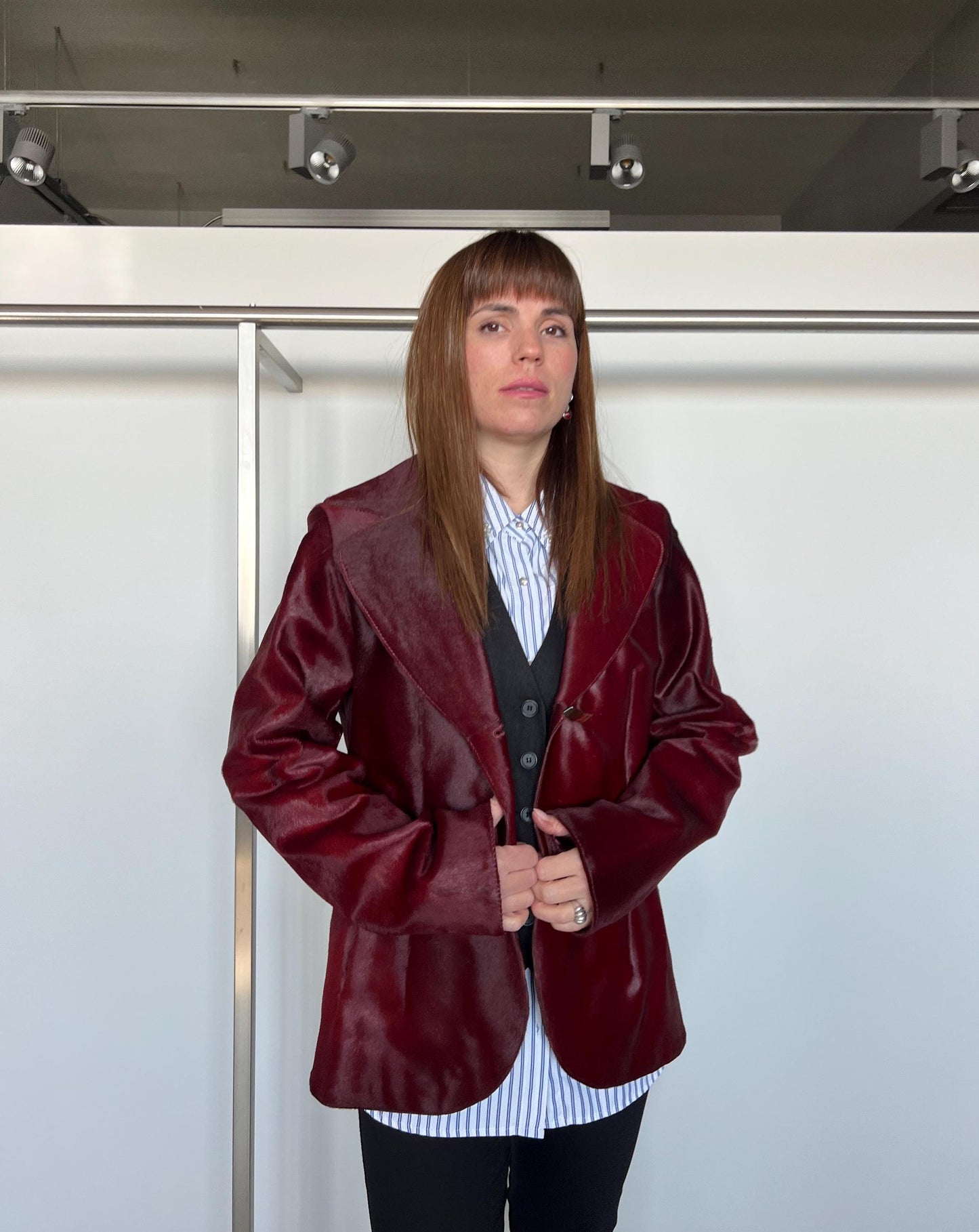 Genuine Cherry Hair-on Hide Leather Coat - Calf Cavallino Jacket