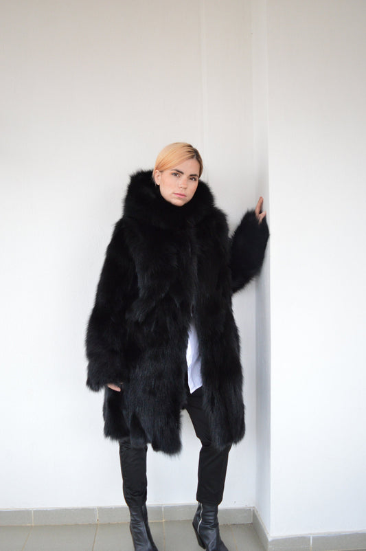 Handmade Black Fox Fur Hooded Coat: Luxury Winter Stroller