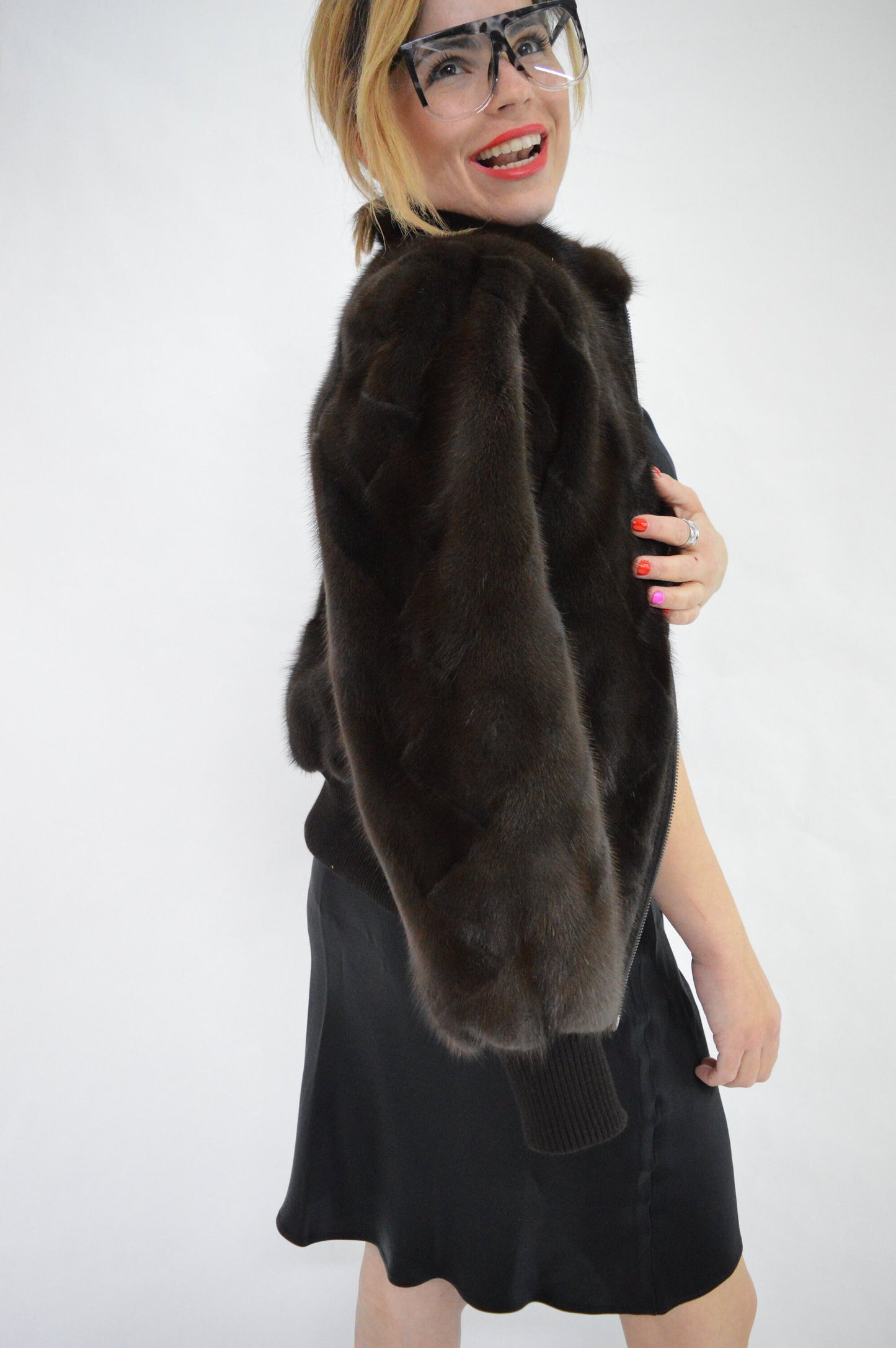 Brown Mink Fur Bomber Jacket: Knitted Trim, Luxury Women's Coat