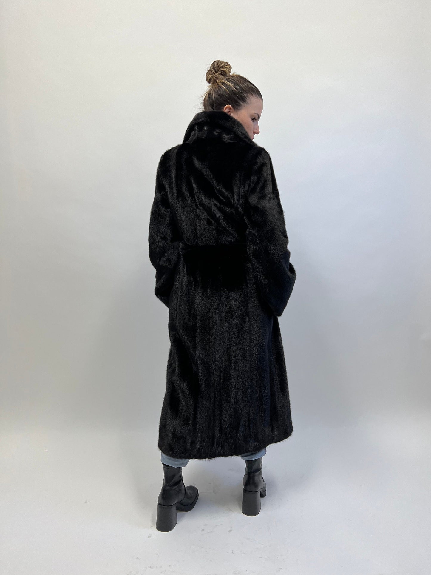 Handmade Black Mink Fur Long Coat: Belted Luxury Outerwear