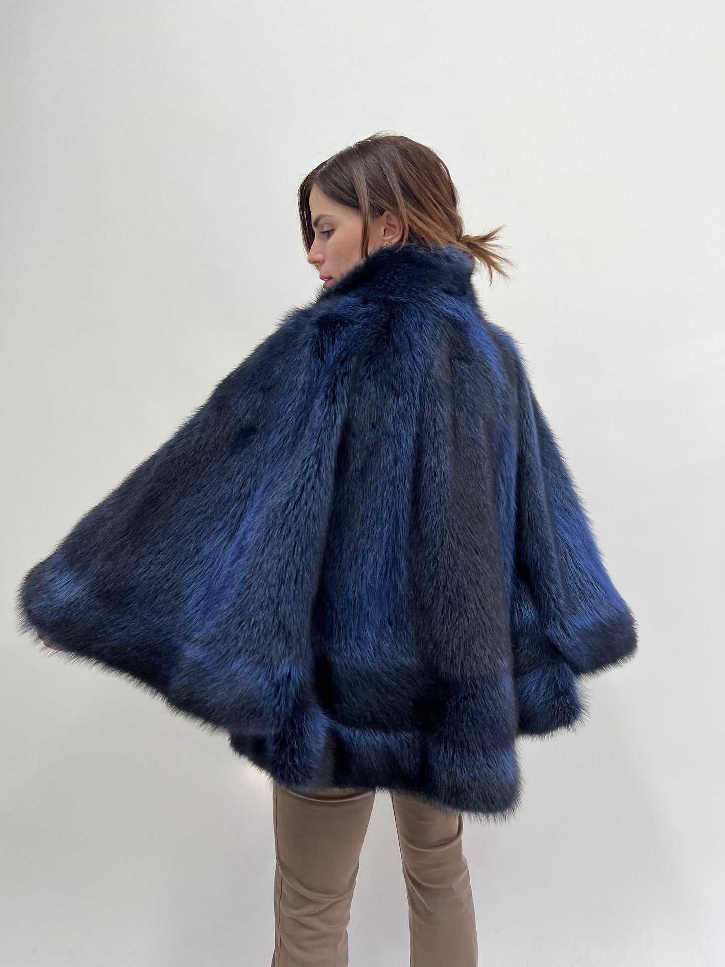 Blue Raccoon Fur Cape with Collar: Navy & Black Luxury Fur Gift