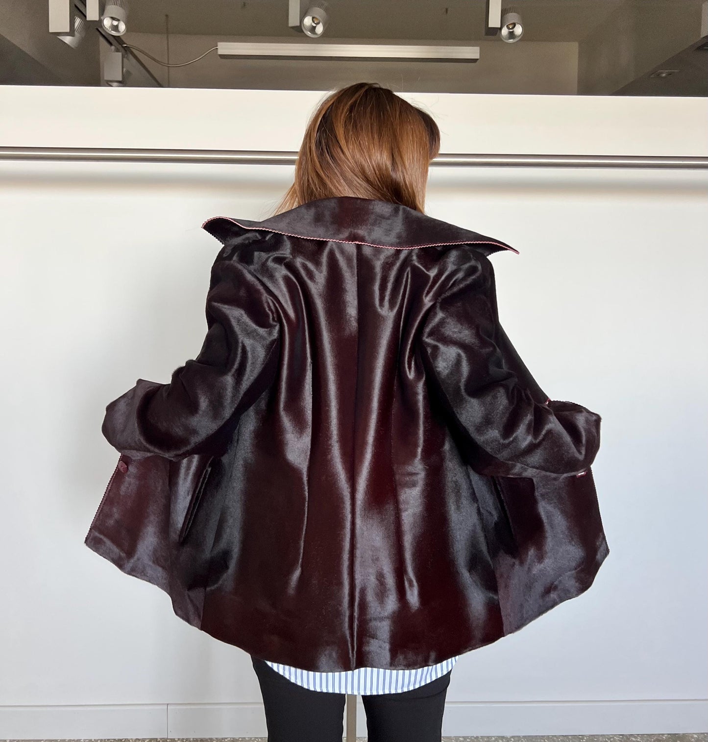 Burgundy Pony Hair Leather Coat: Handmade Calf Hide Jacket