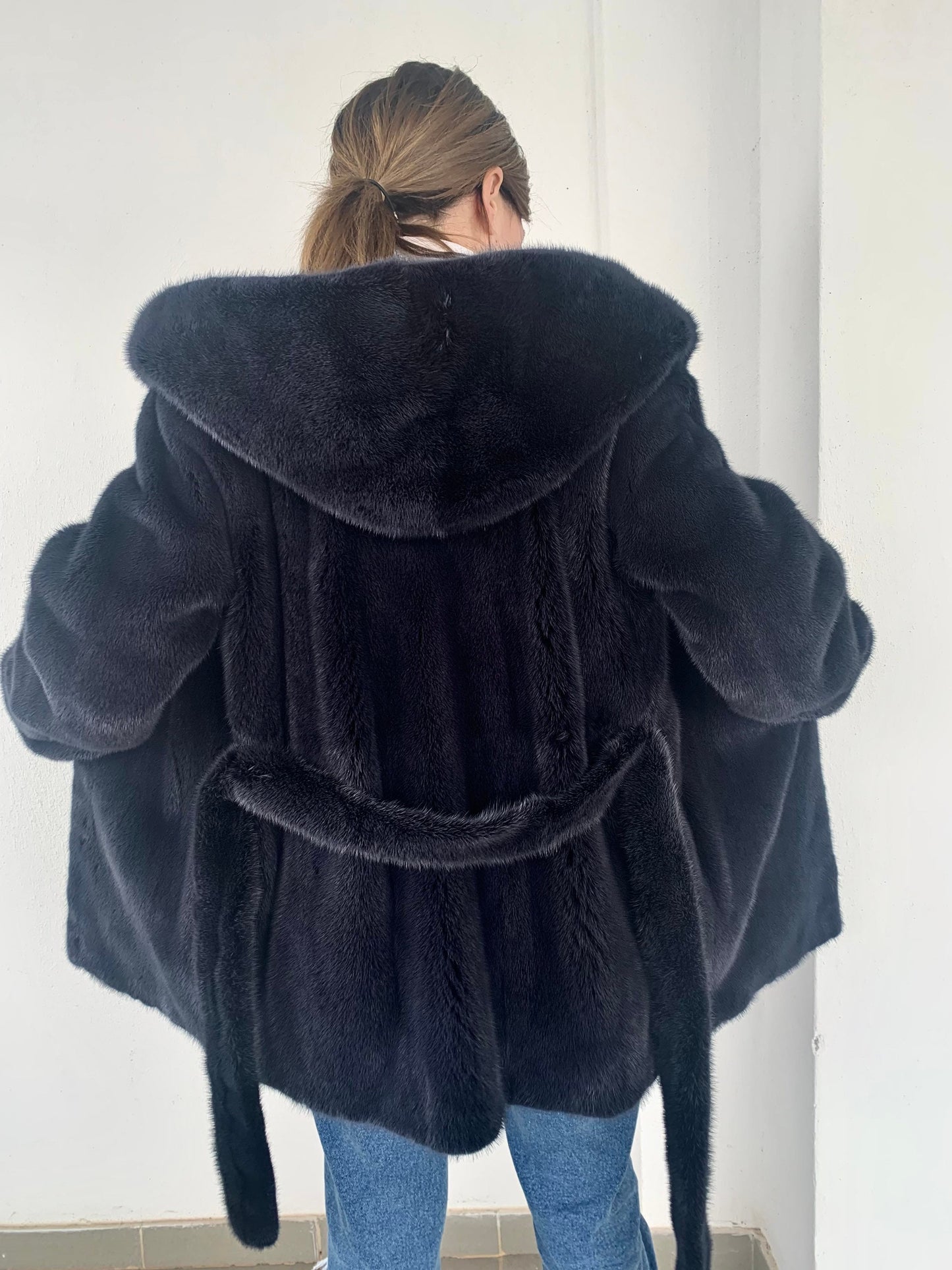 Denim Blue Mink Fur Stroller Coat: Hooded Belted Luxury