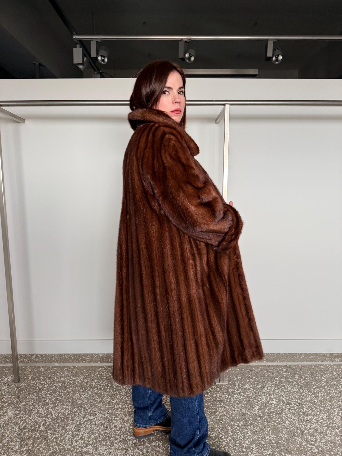 Demi Buff Mink Fur Coat: Pastel whisky Long retro-look Stroller, Handmade in Greece
