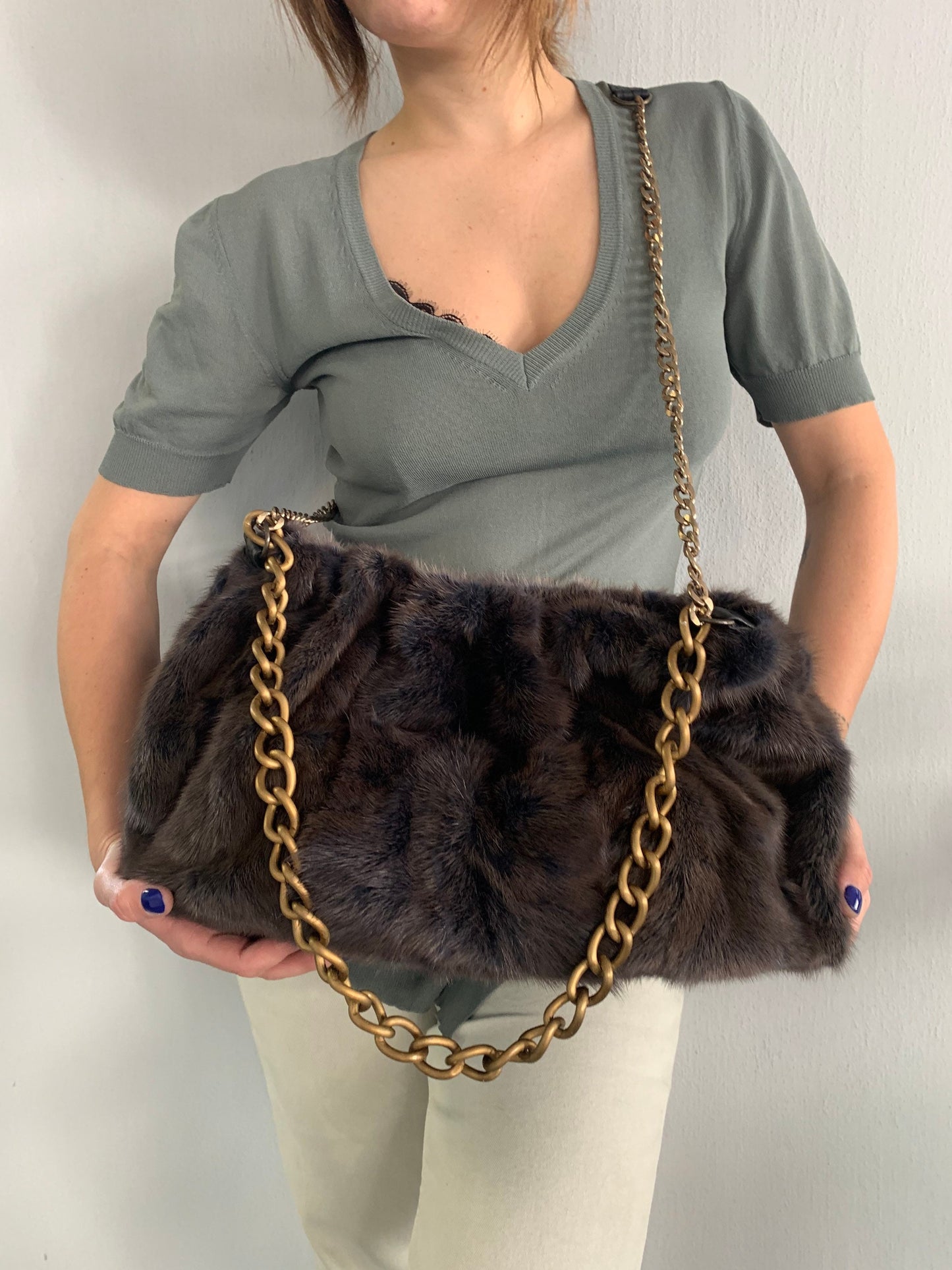 Handmade Mink Fur Shoulder Bag: Brownish Grey Slouchy Pouch with Bronze Straps