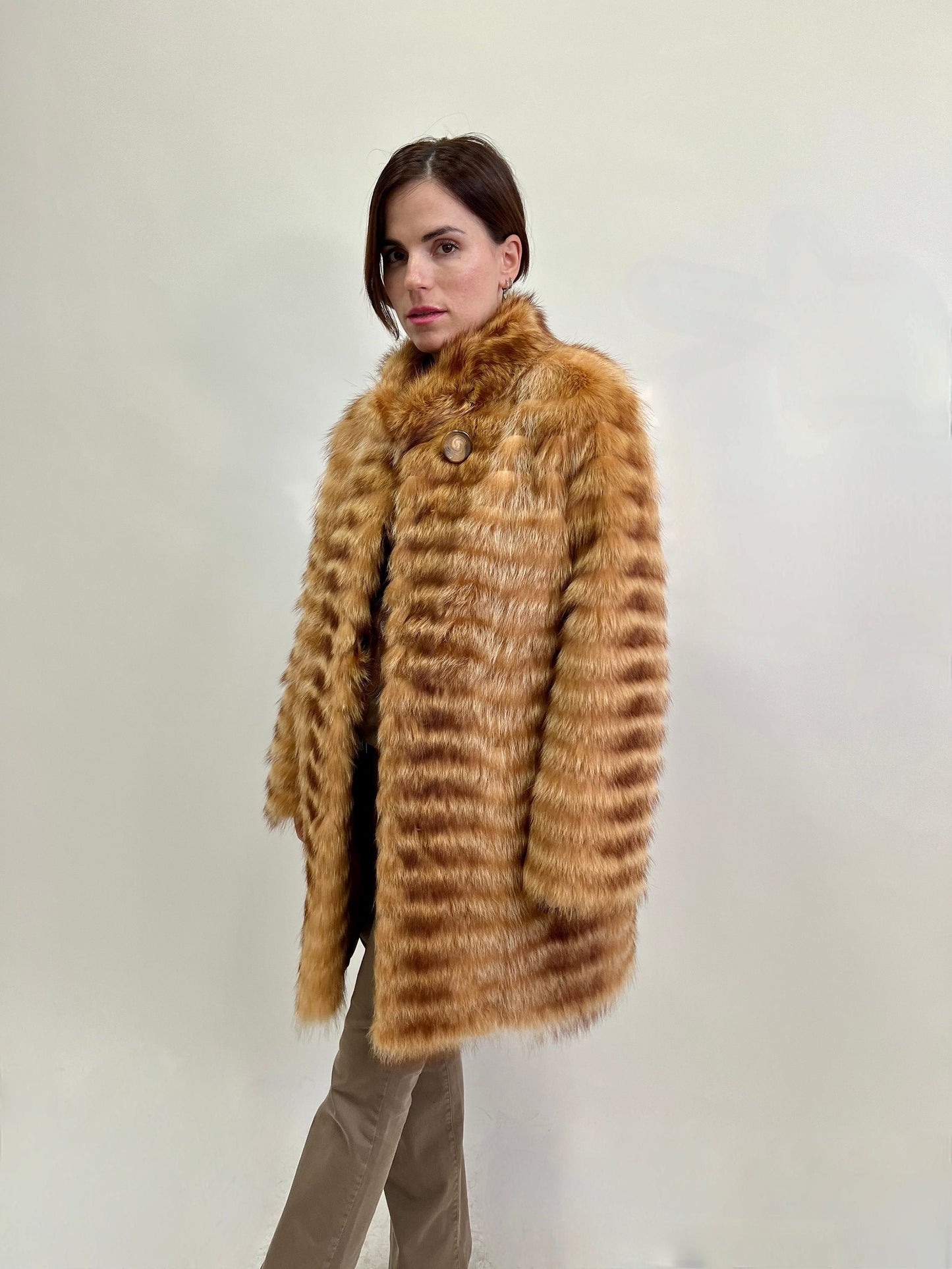 Real Raccoon Fur Coat: Camel Brown Leather Trim