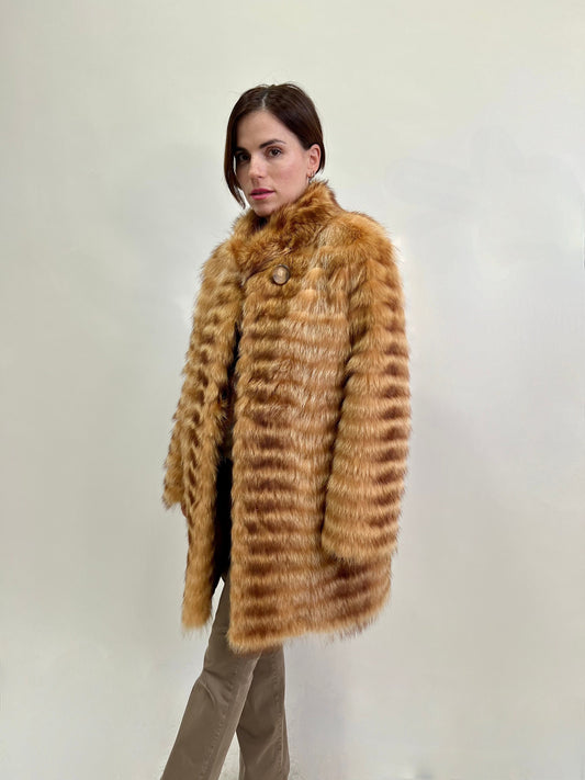Real Raccoon Fur Coat: Camel Brown Leather Trim