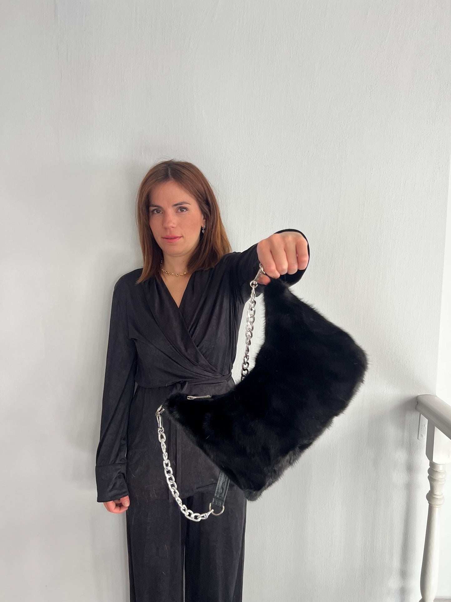 Black Mink Fur Tote Bag: Leather & Chain Detail, Handmade
