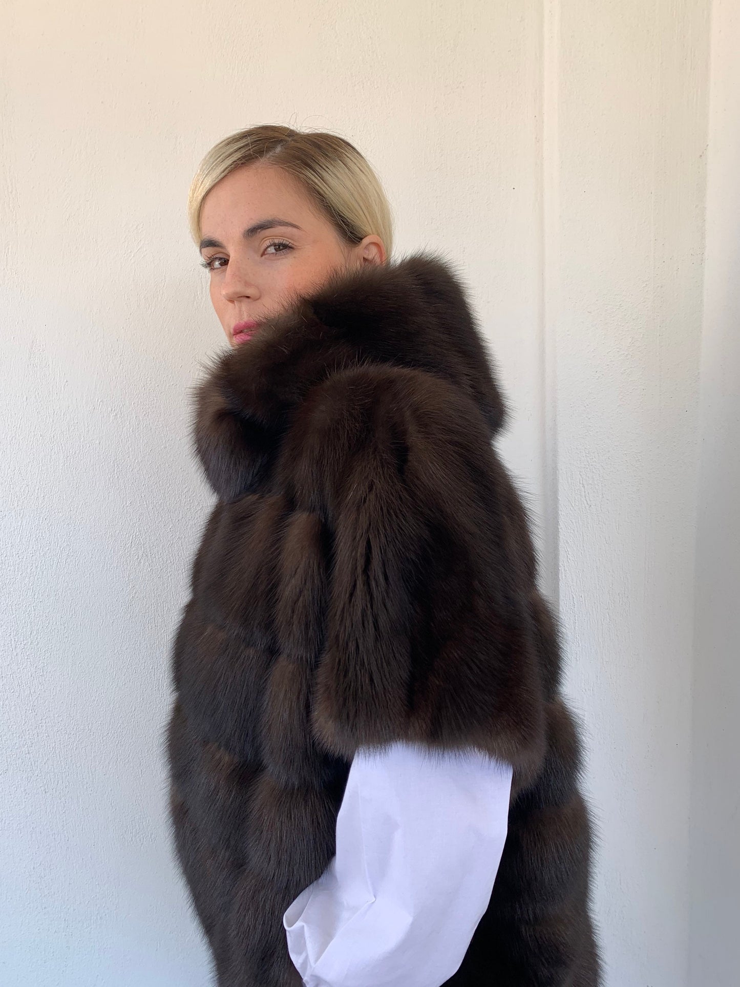Real Barguzinsky Sable Fur Jacket: Brown Leather Trim Hooded Coat