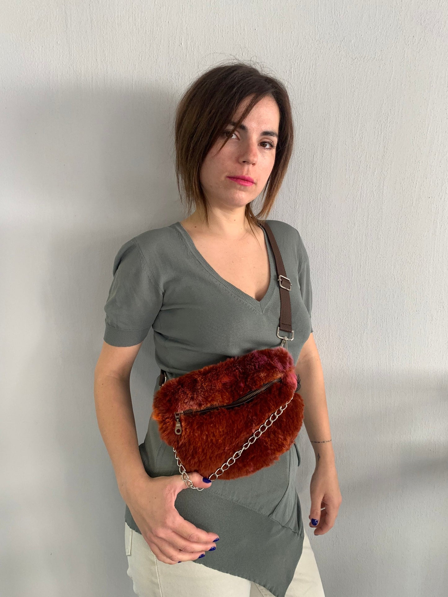 Terracotta Rabbit Fur Bumbag with Chain Strap