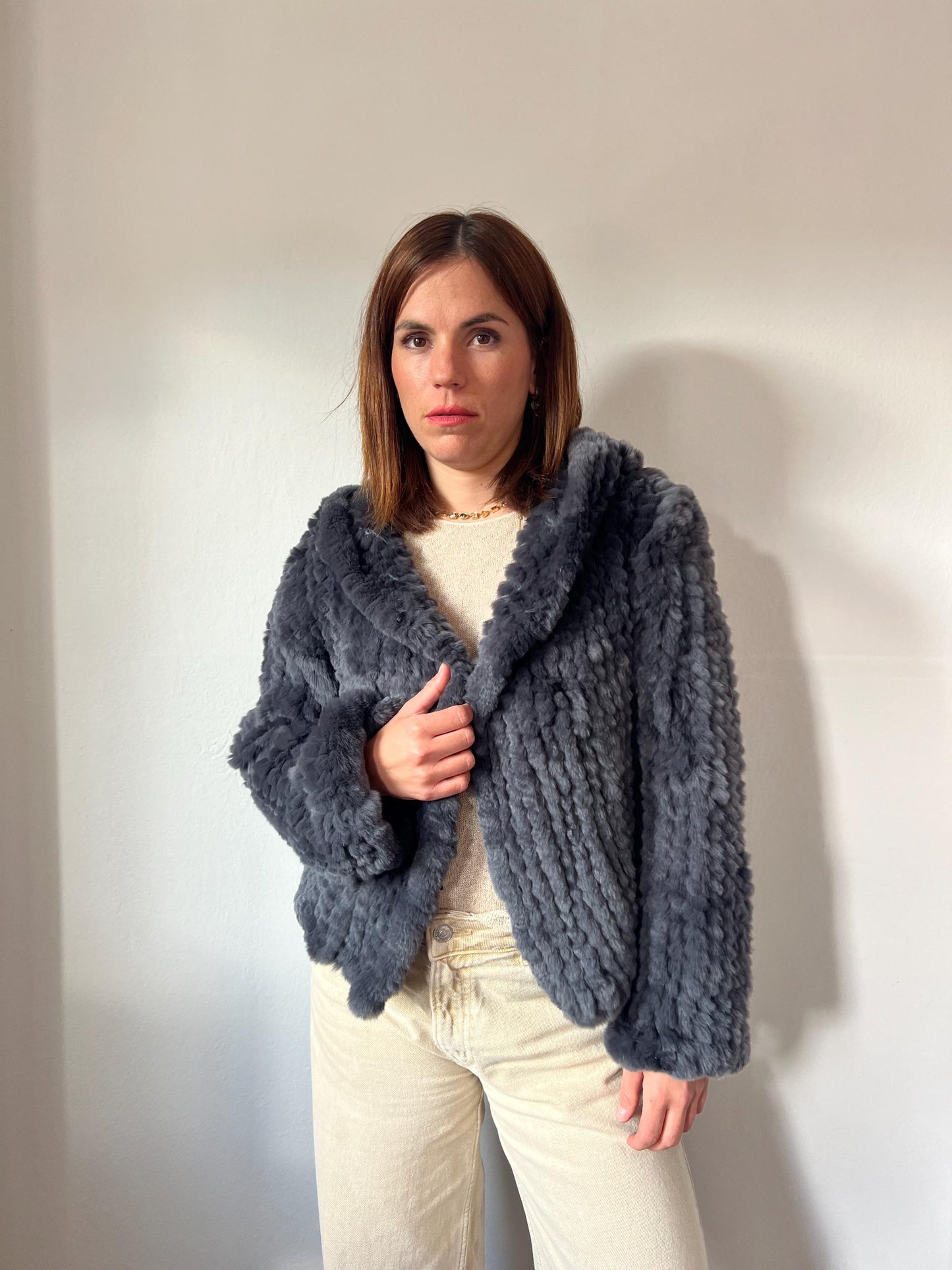 Handwoven Rabbit Fur Hooded Jacket - Dark Grey Lightweight Coat