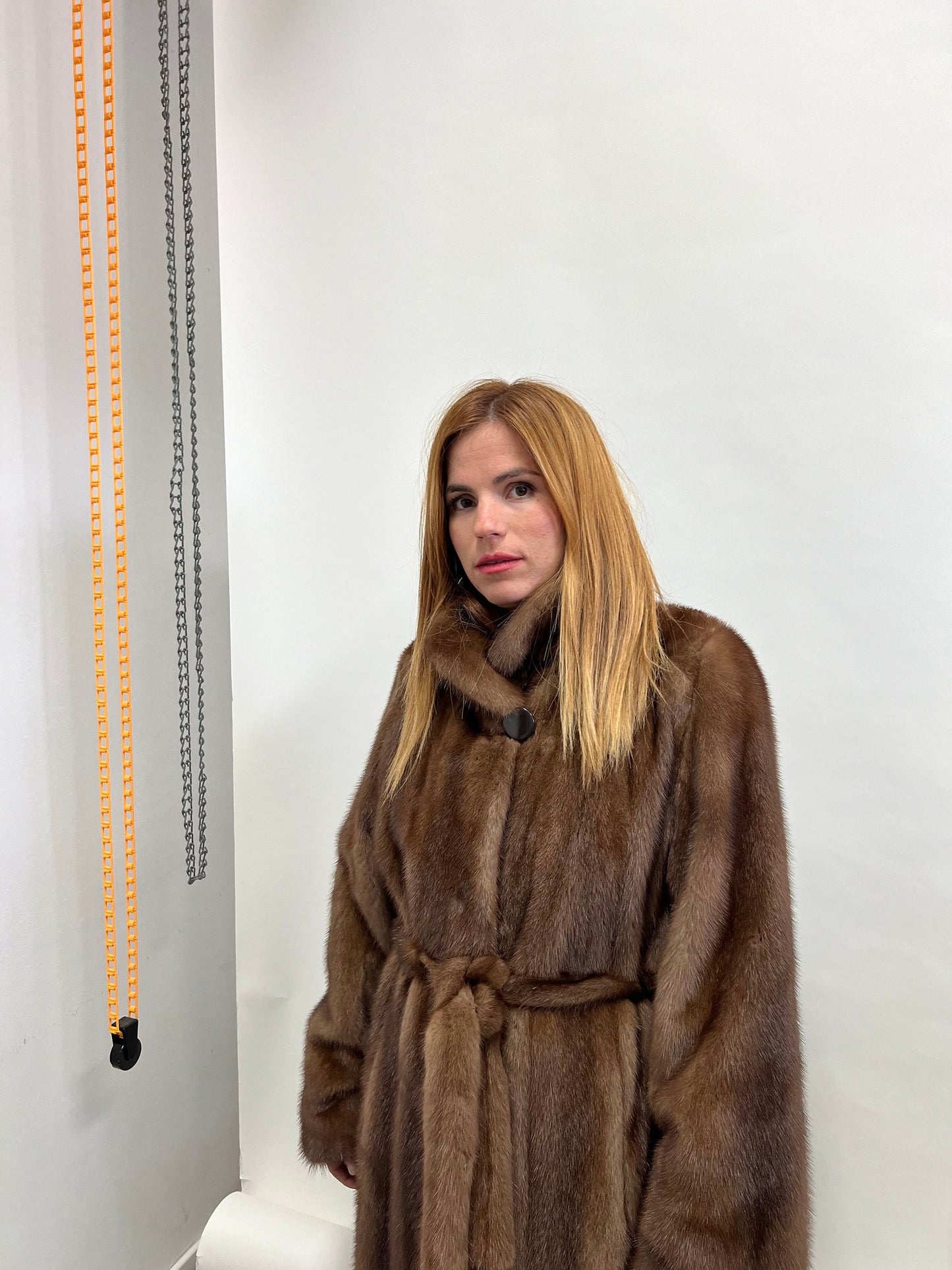 Handmade Demi Buff Mink Fur Coat: Long Collared Stroller, Medium/XLarge