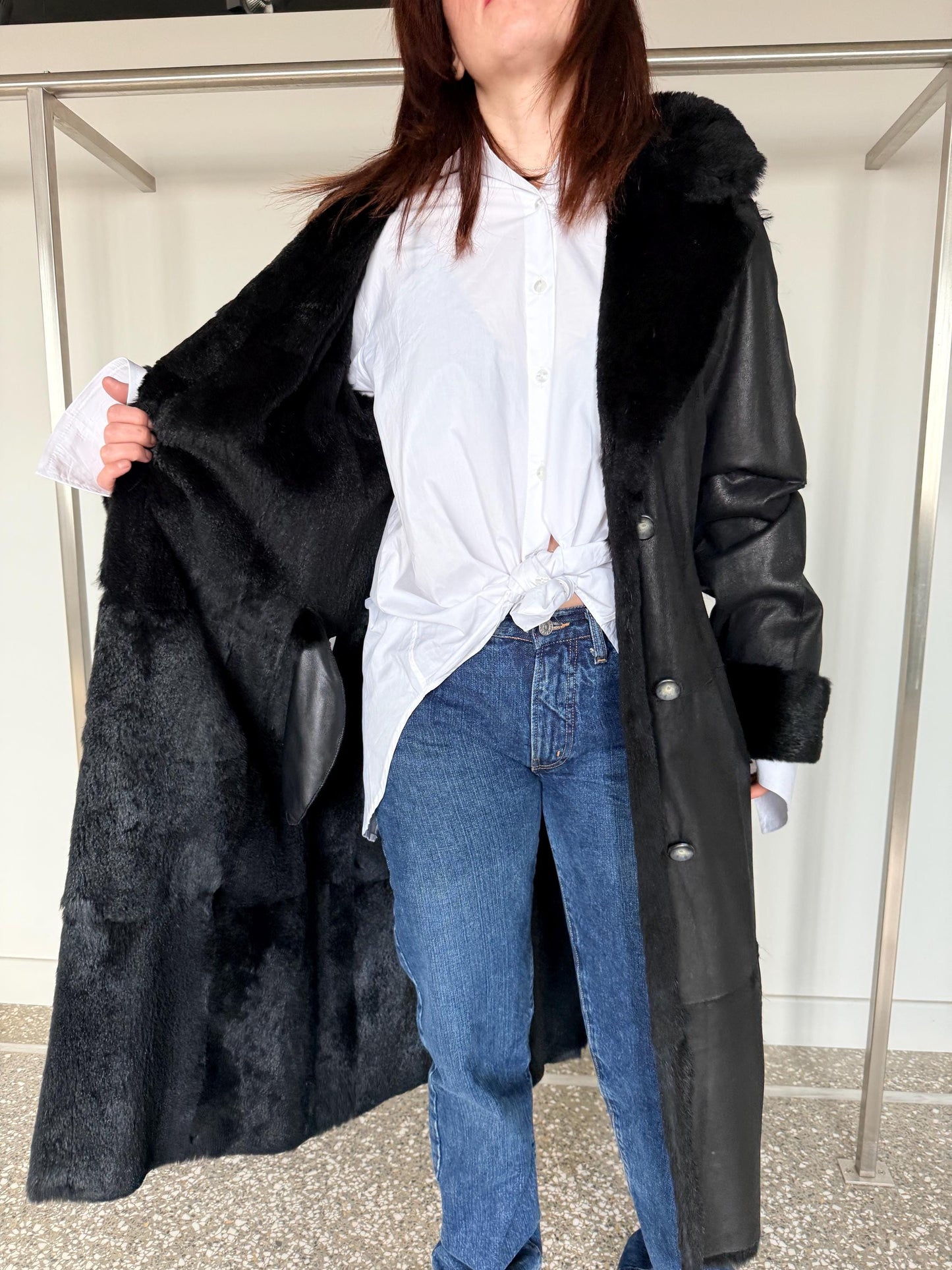 Handmade Black rex rabbit Fur Jacket:Reversible  super warm Sheepskin Coat