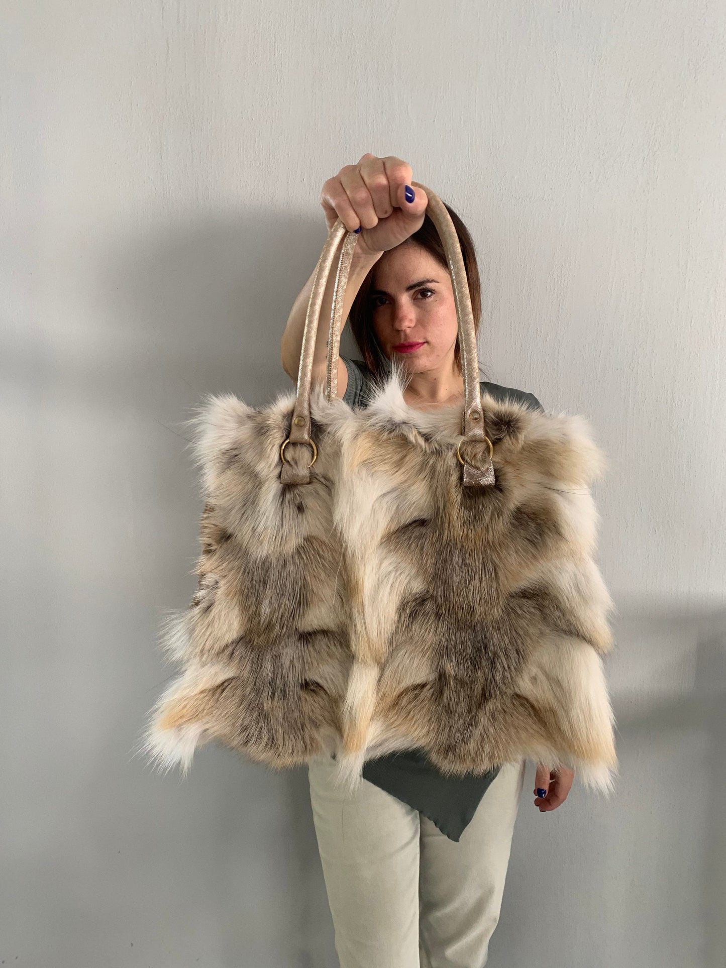 Genuine Fox Fur Handbag: Golden Island White Fur Shoulder Bag