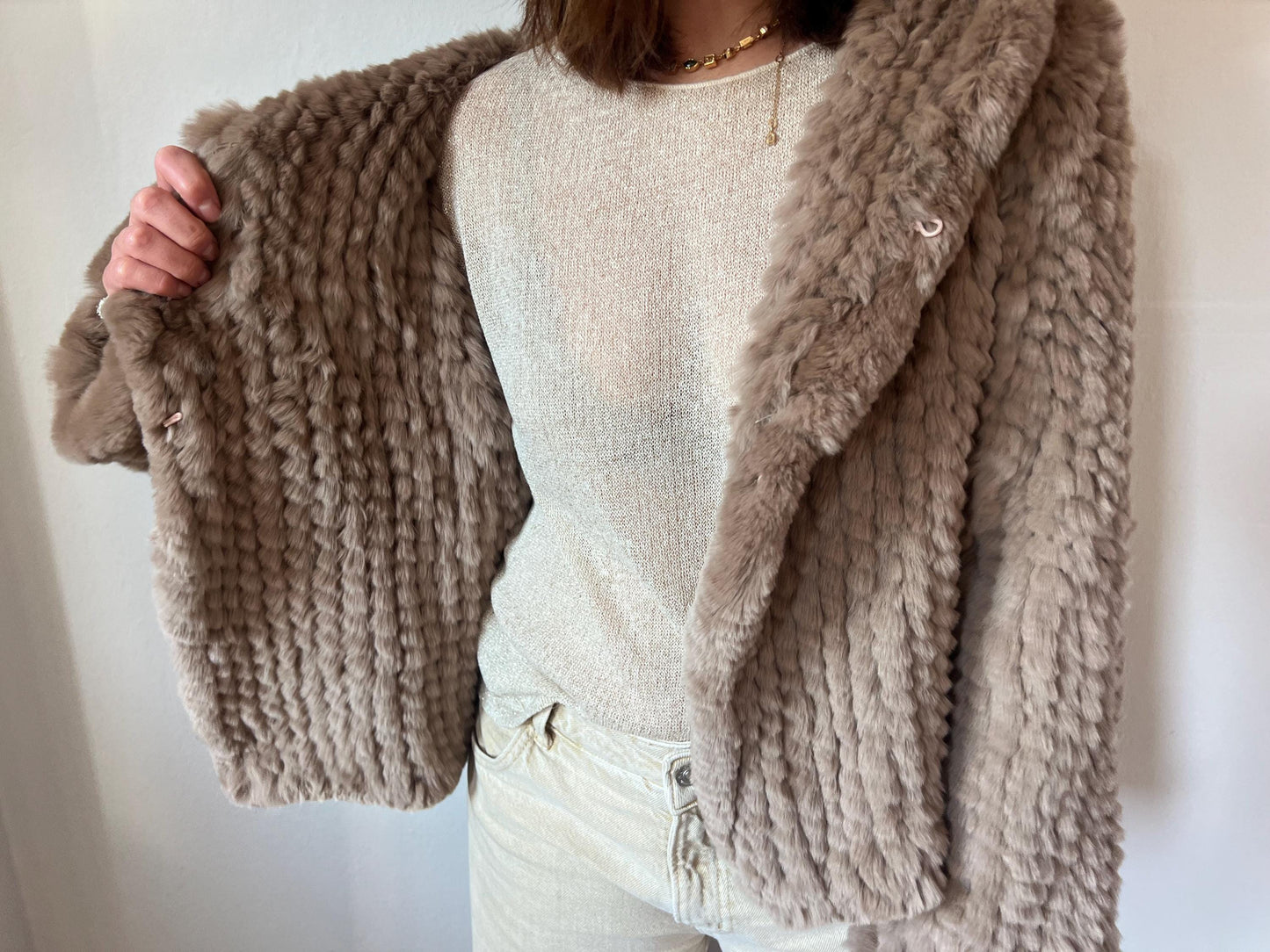 Handwoven Taupe Rabbit Fur Hooded Jacket - Frogs Closure