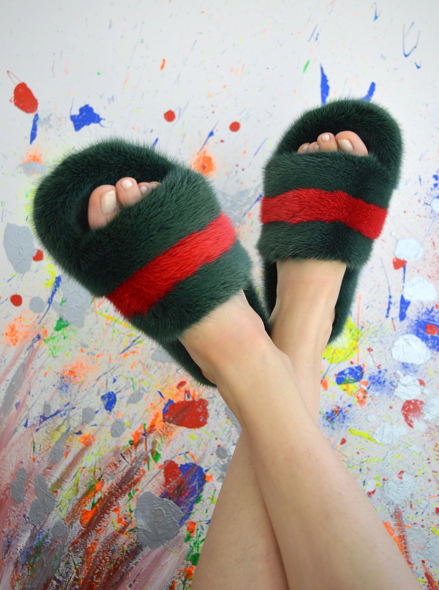 Green & Red Mink Fur Slides: Luxury Comfy Slippers