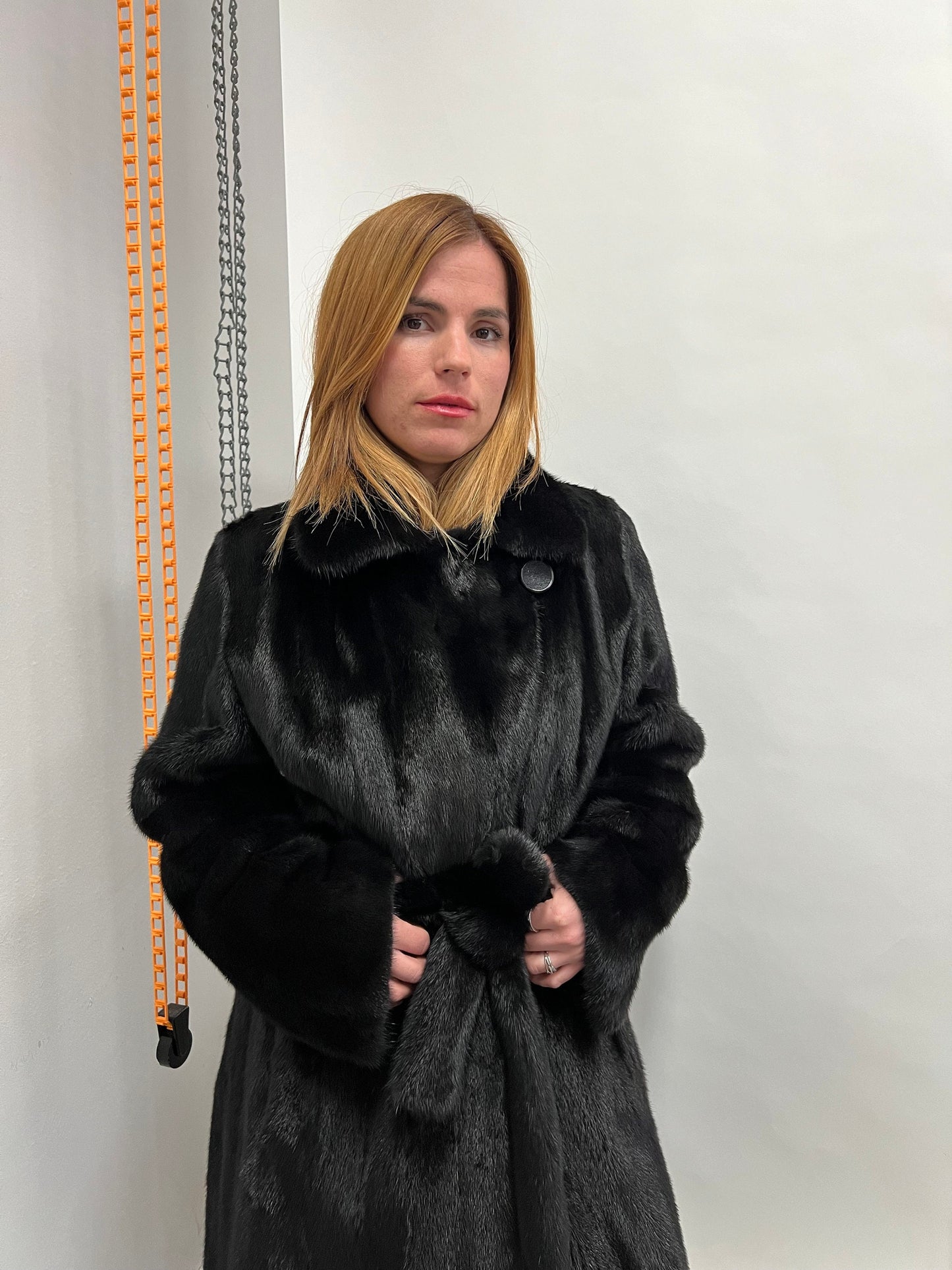 Black Saga Mink Fur Coat with Belt, Luxury Texture
