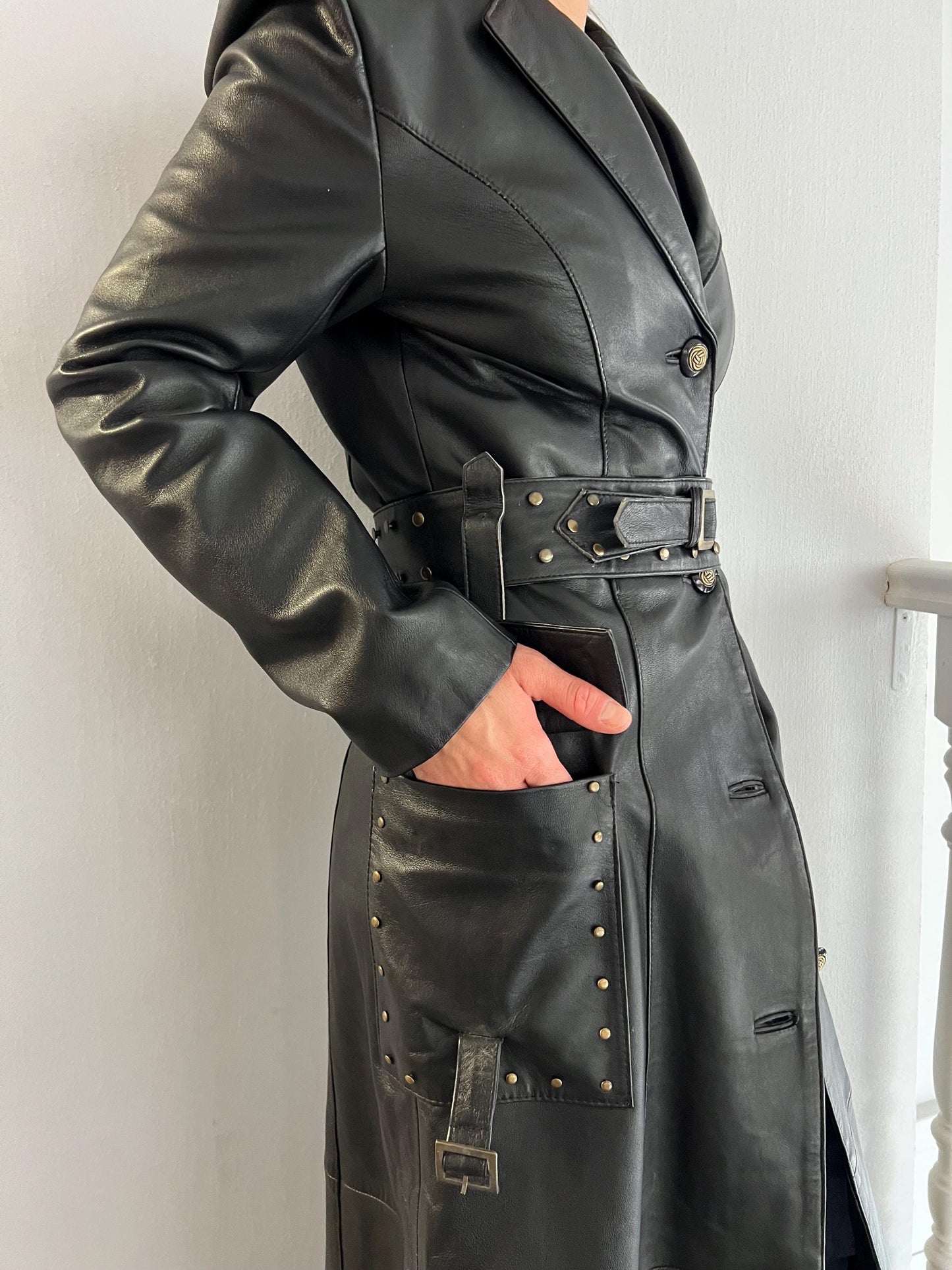 Handmade Nappa Leather Coat: Full Length Black Belted Overcoat