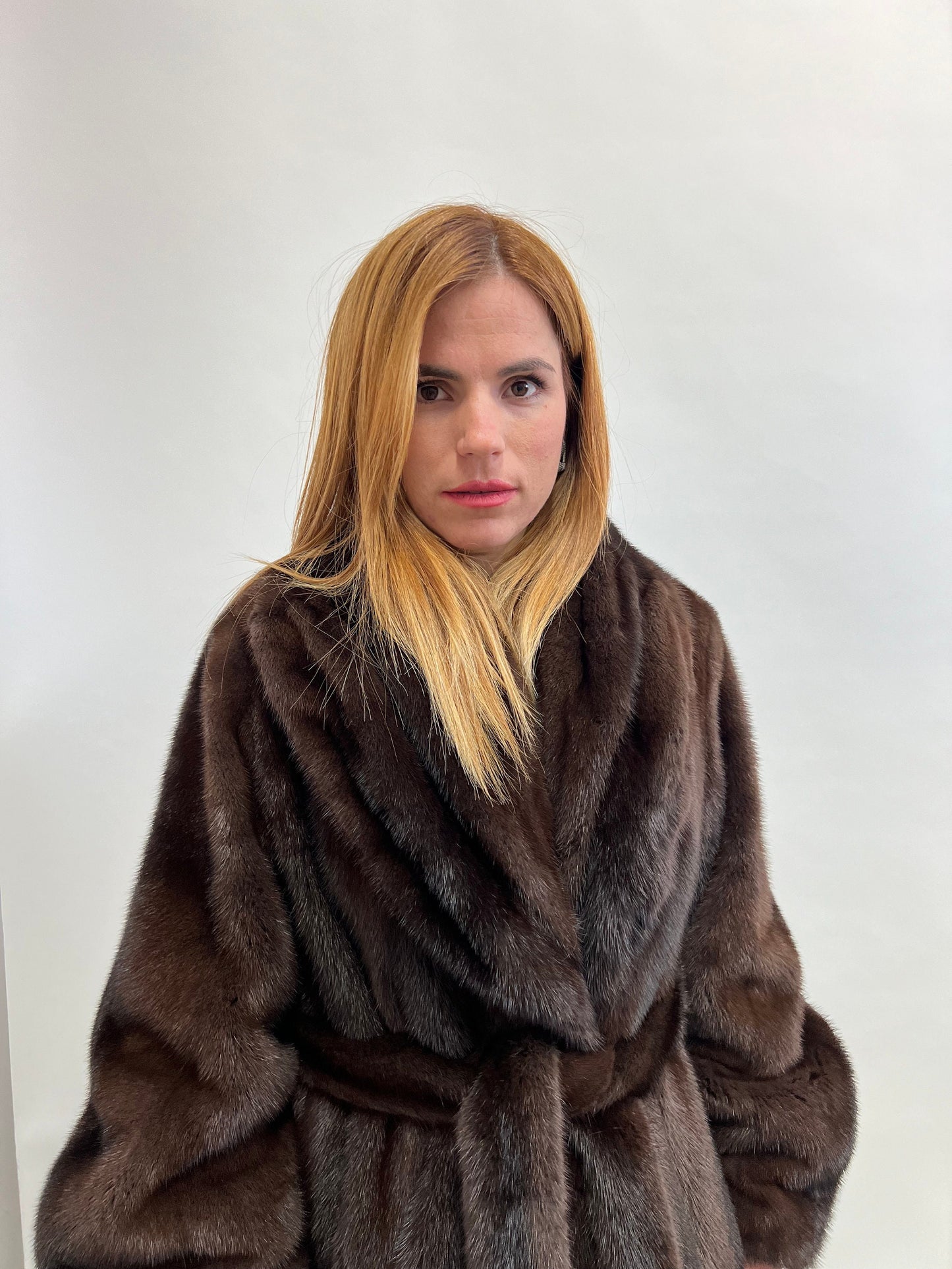 Choco Brown Mink Fur Coat: Big Collar Belted Stroller, Size Medium