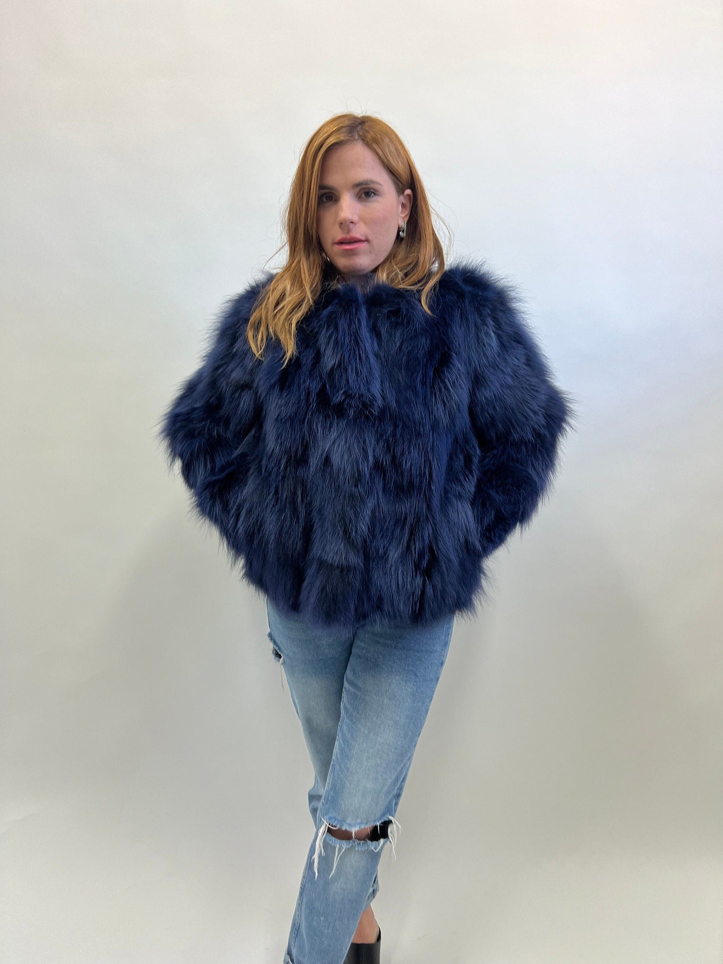 Real Denim Blue Fox Fur Jacket - Handmade Winter Coat