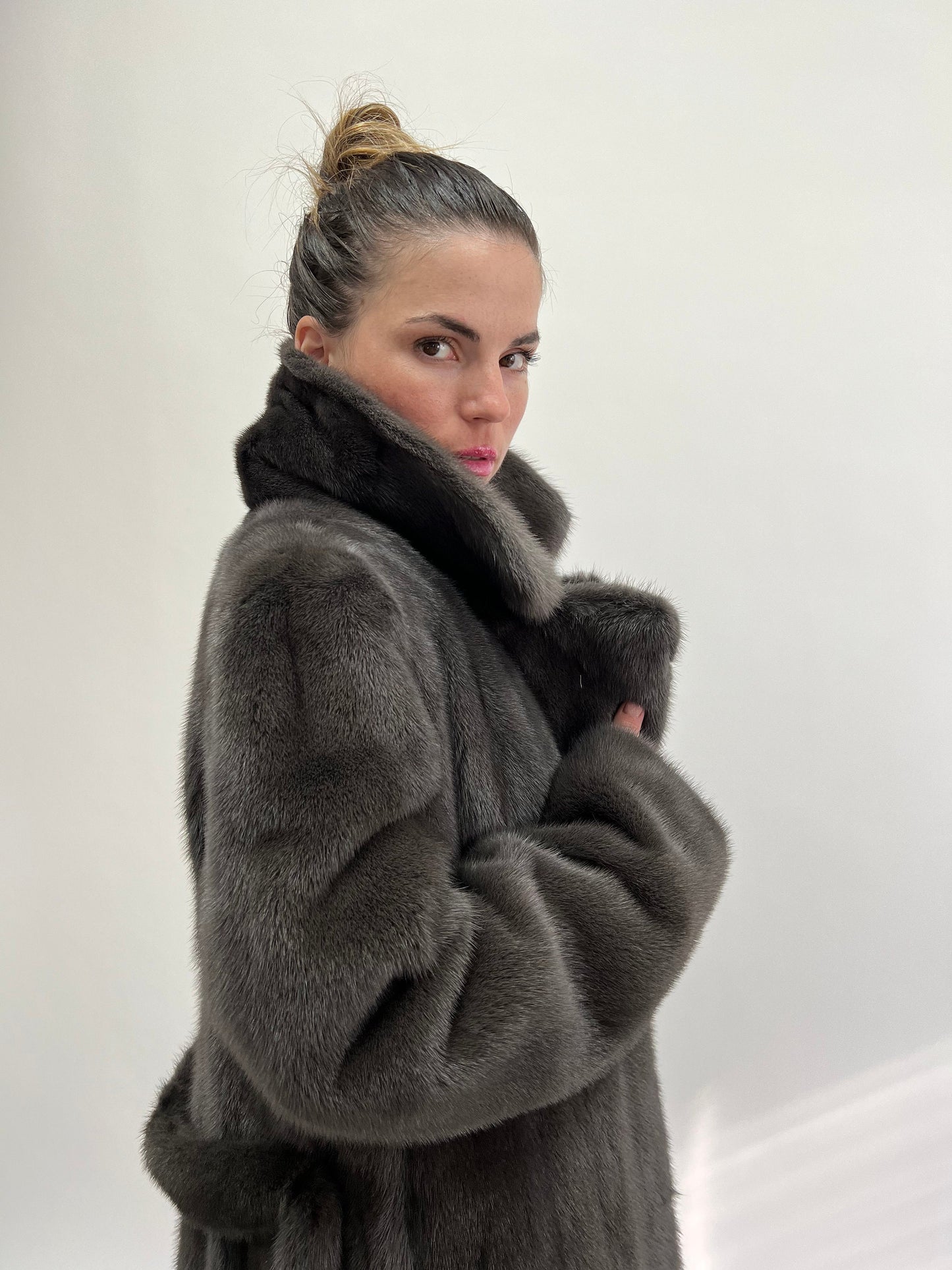 Real Graphite Mink Fur Long Coat: Belted Copenhagen Fur, Handmade