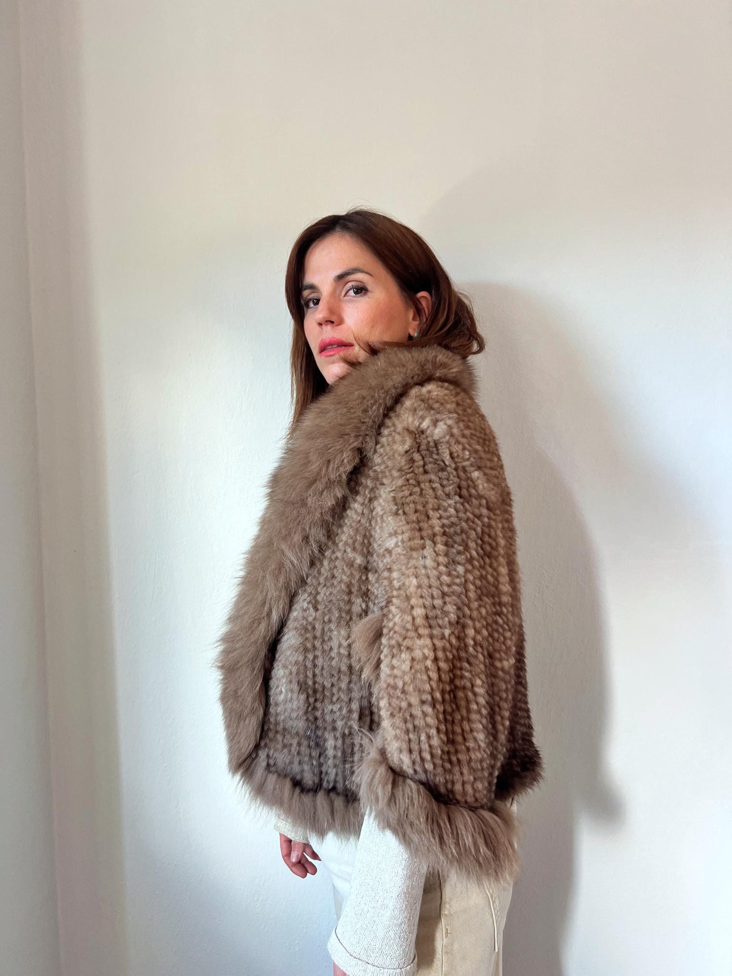 Handwoven Mink Cape with Fox Fur Trim - Taupe Poncho Jacket