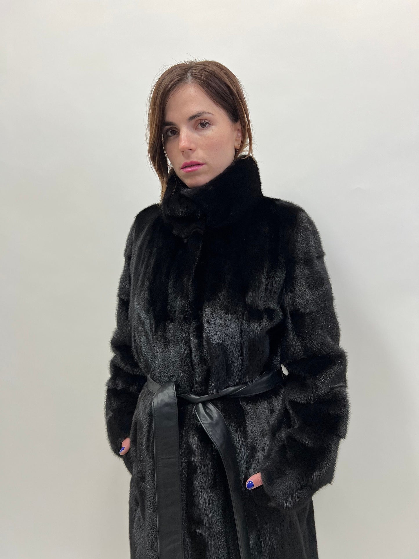 Black Velvet Mink Fur Coat: Nafa Leather Belt, Handmade in Greece