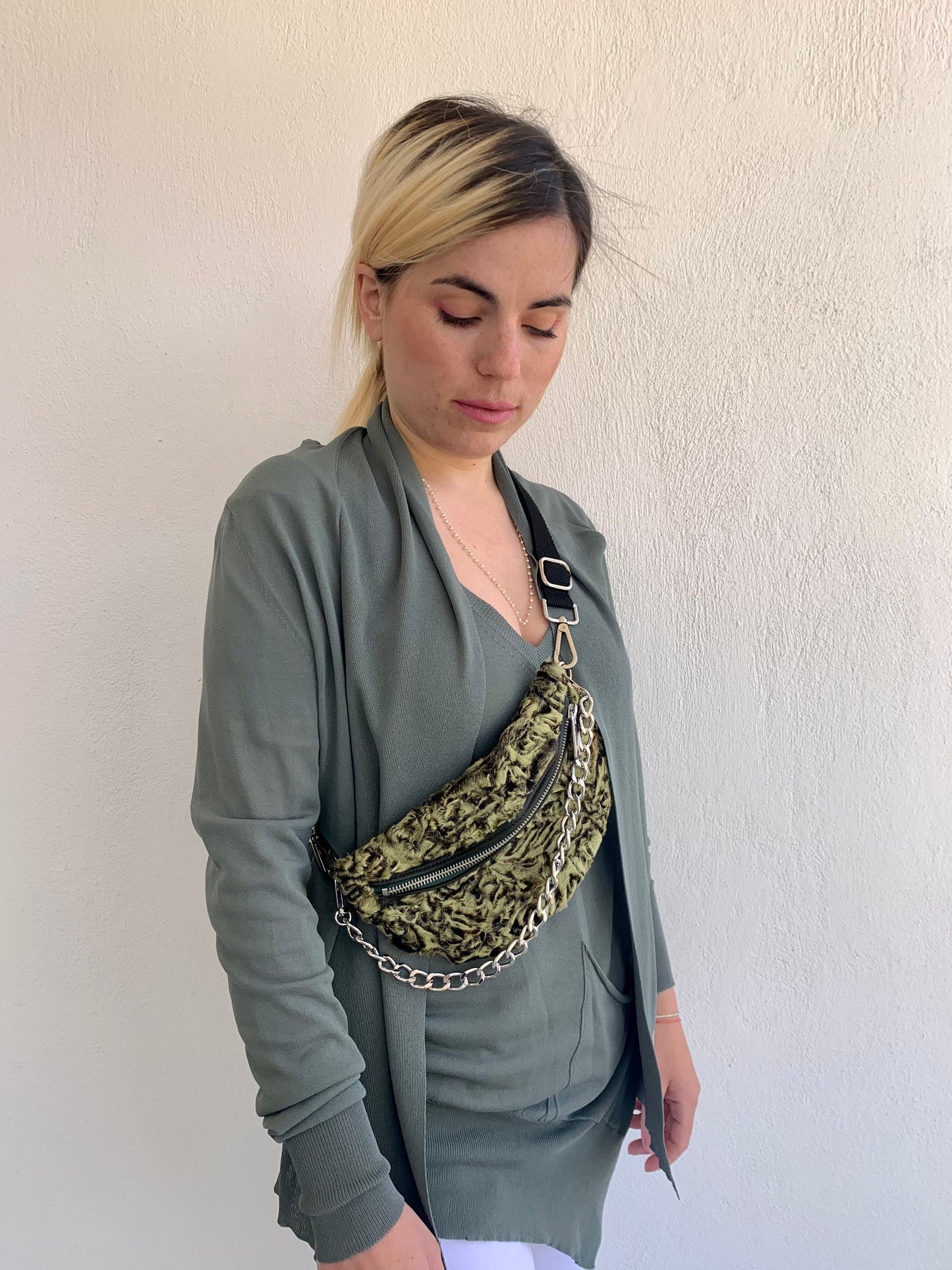 Lime Lamb Fur Bumbag with Chain: Luxury Fanny Pack